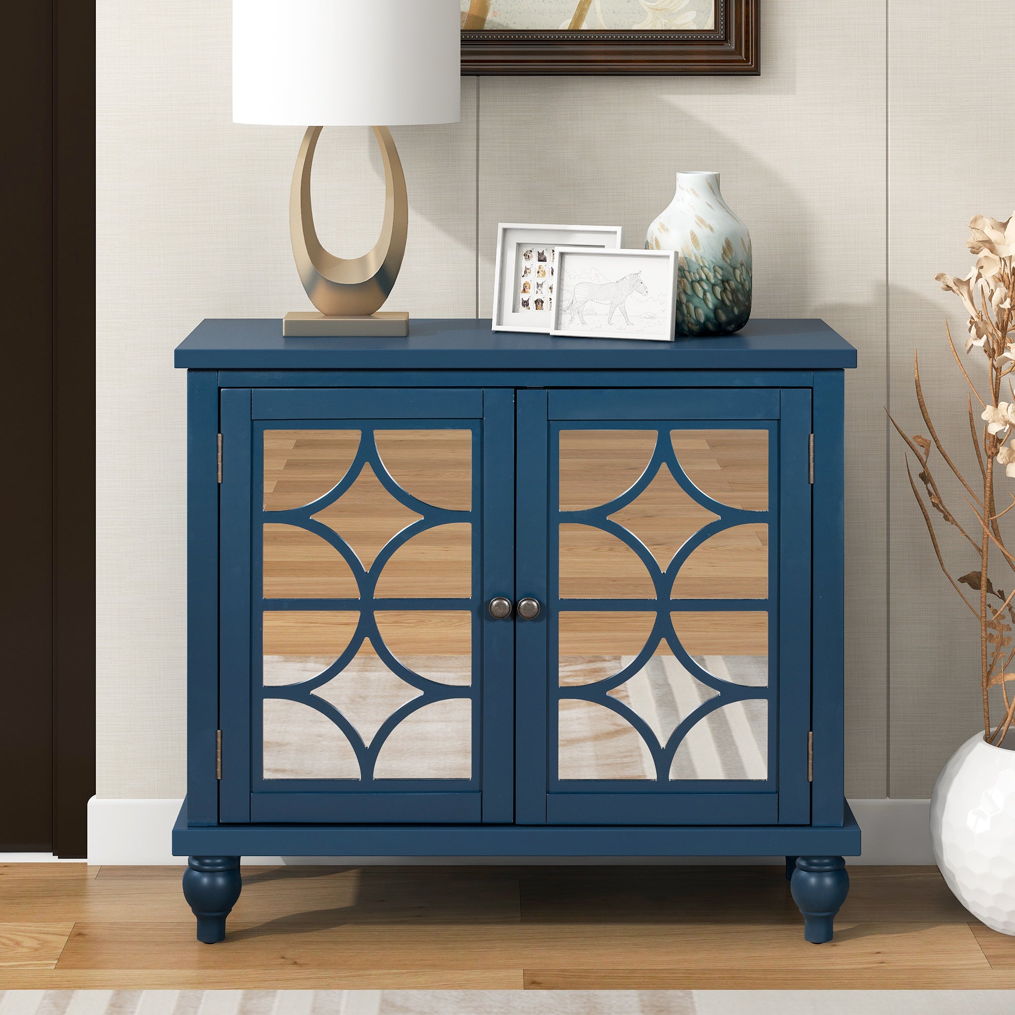 Wood Double Mirrored Door Accent Cabinet with Adjustable Shelf