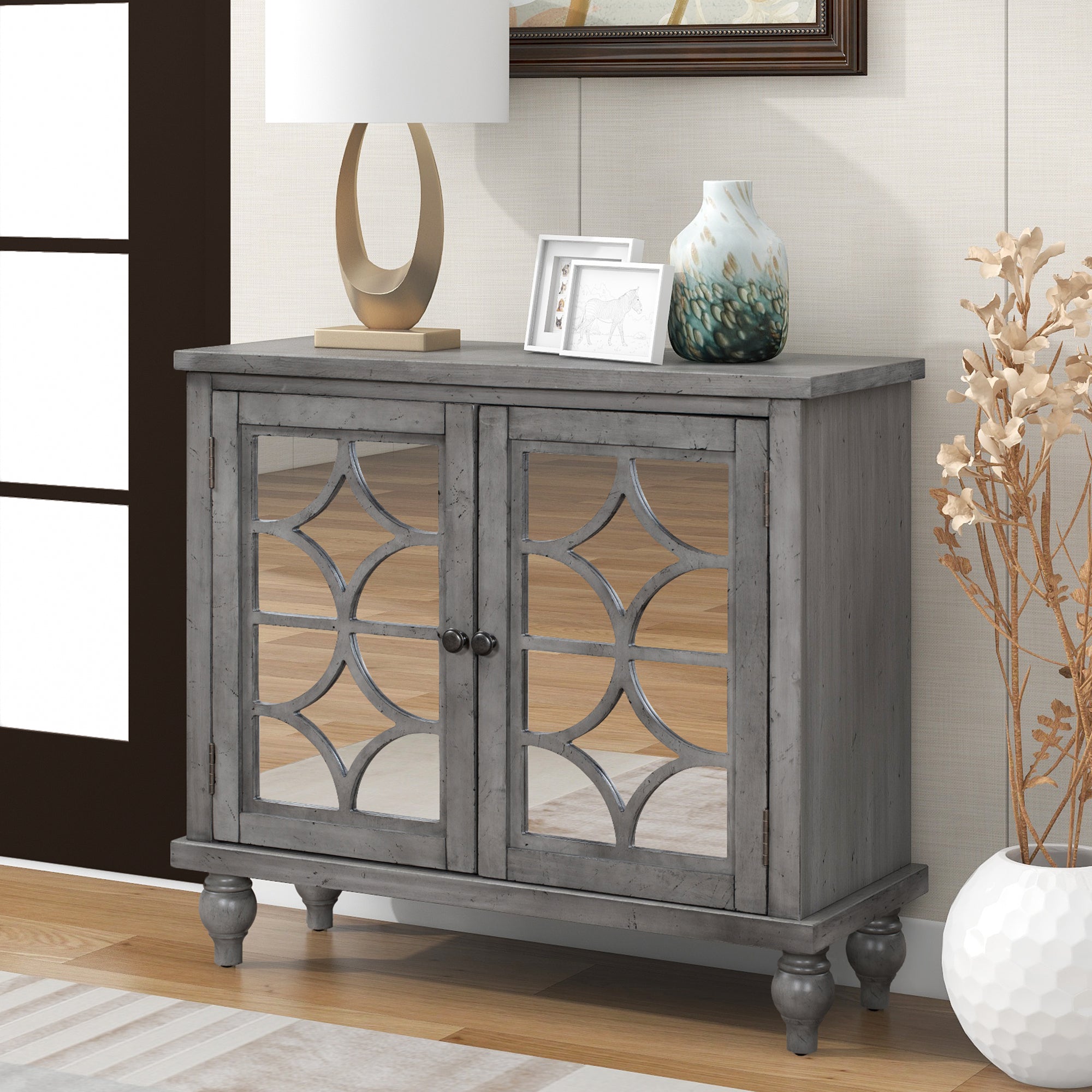 Wood Double Mirrored Door Accent Cabinet with Adjustable Shelf