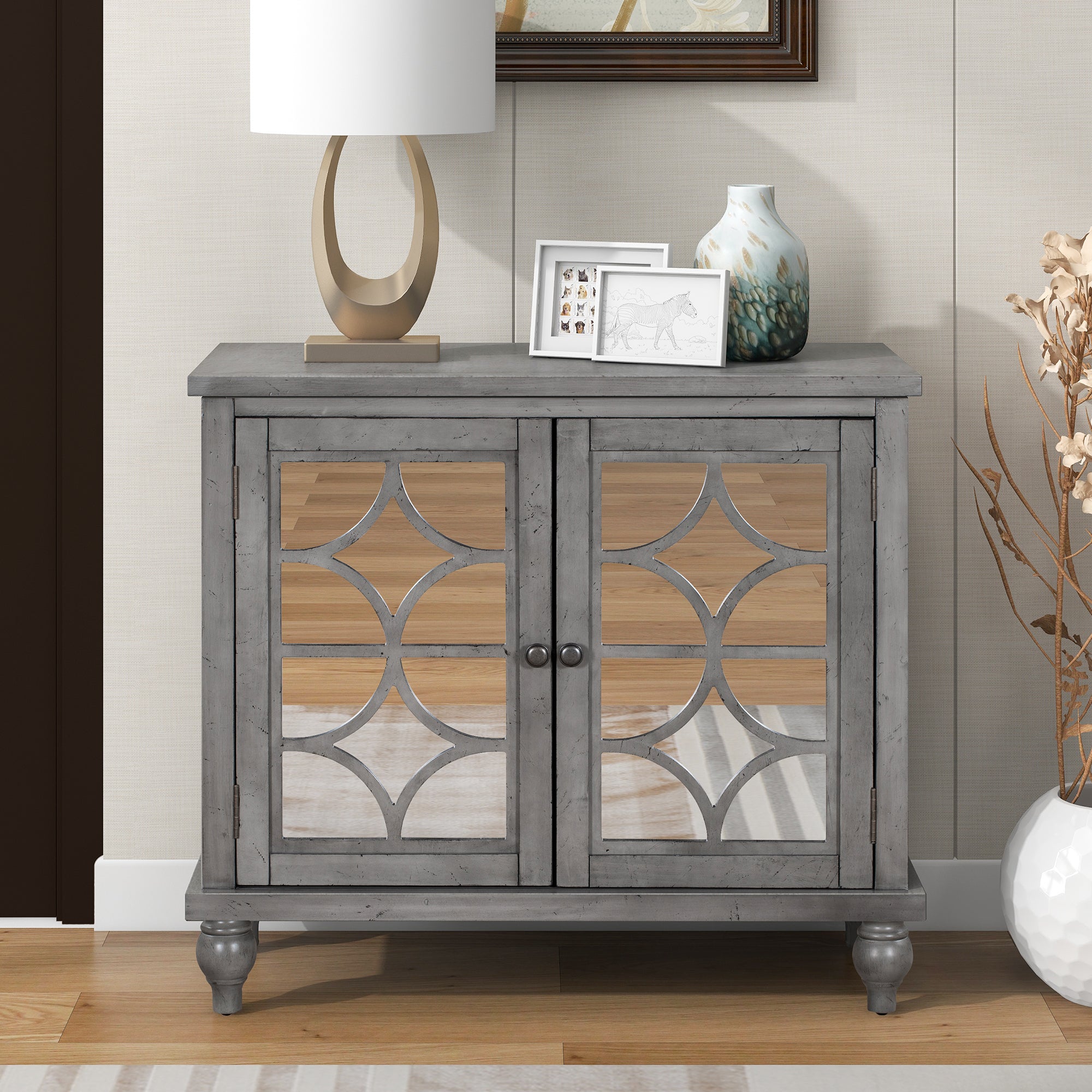 Wood Double Mirrored Door Accent Cabinet with Adjustable Shelf