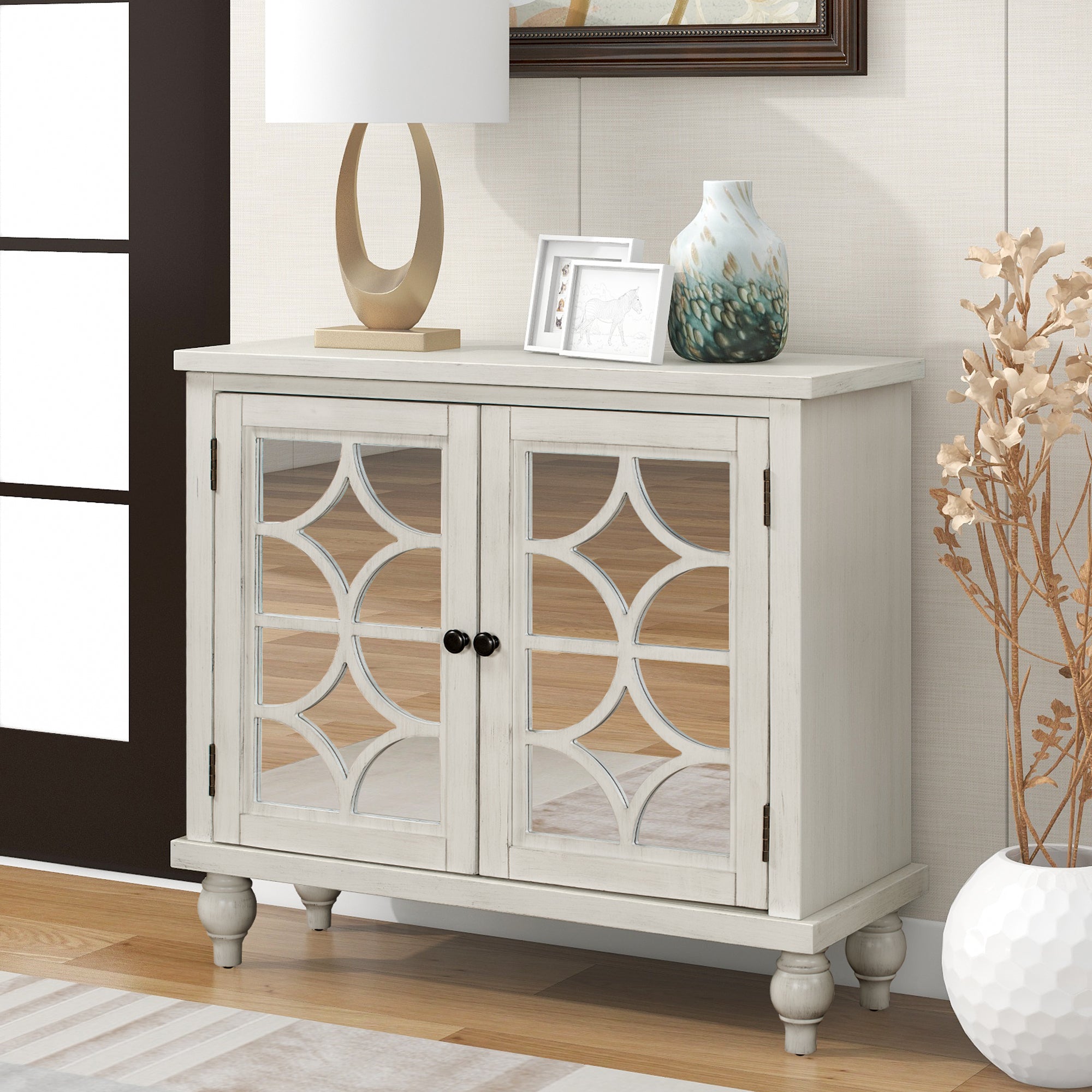 Wood Double Mirrored Door Accent Cabinet with Adjustable Shelf