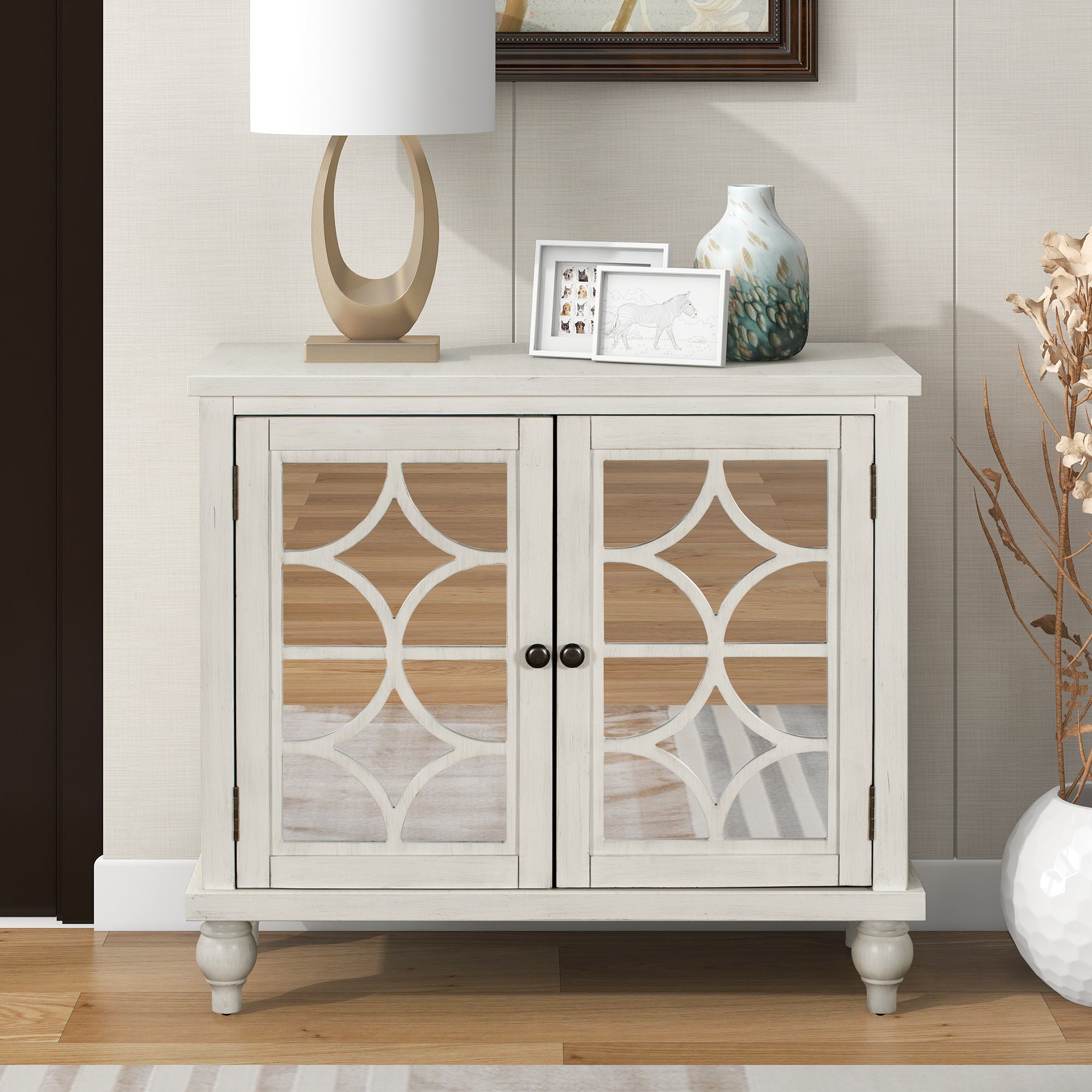 Wood Double Mirrored Door Accent Cabinet with Adjustable Shelf