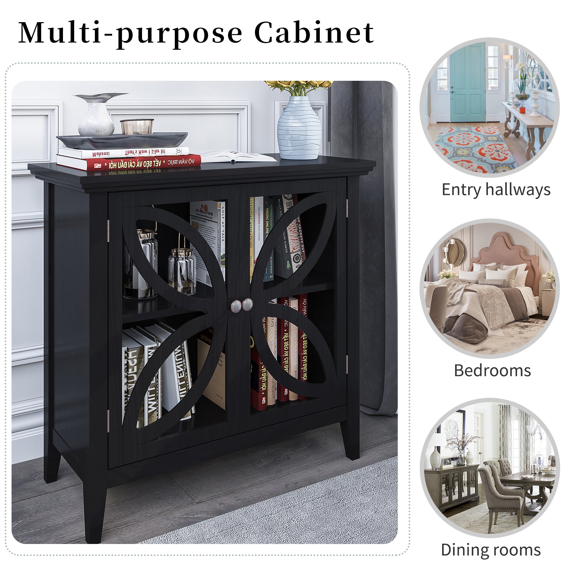 Wood Double Transparent Door Accent Cabinet with Adjustable Shelf