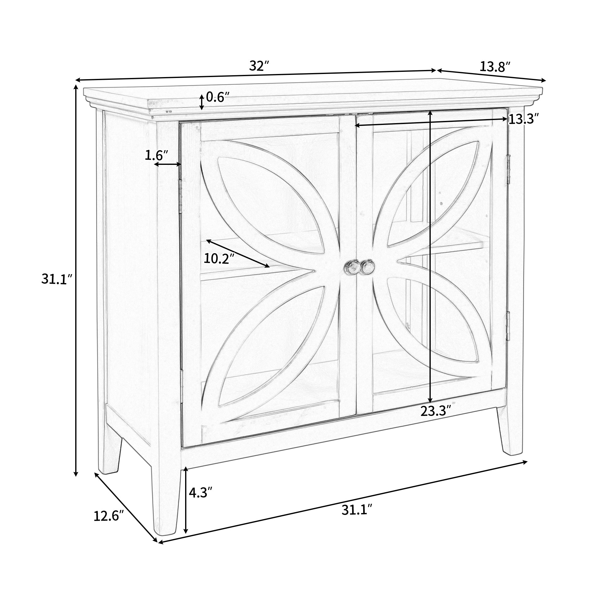 Wood Double Transparent Door Accent Cabinet with Adjustable Shelf