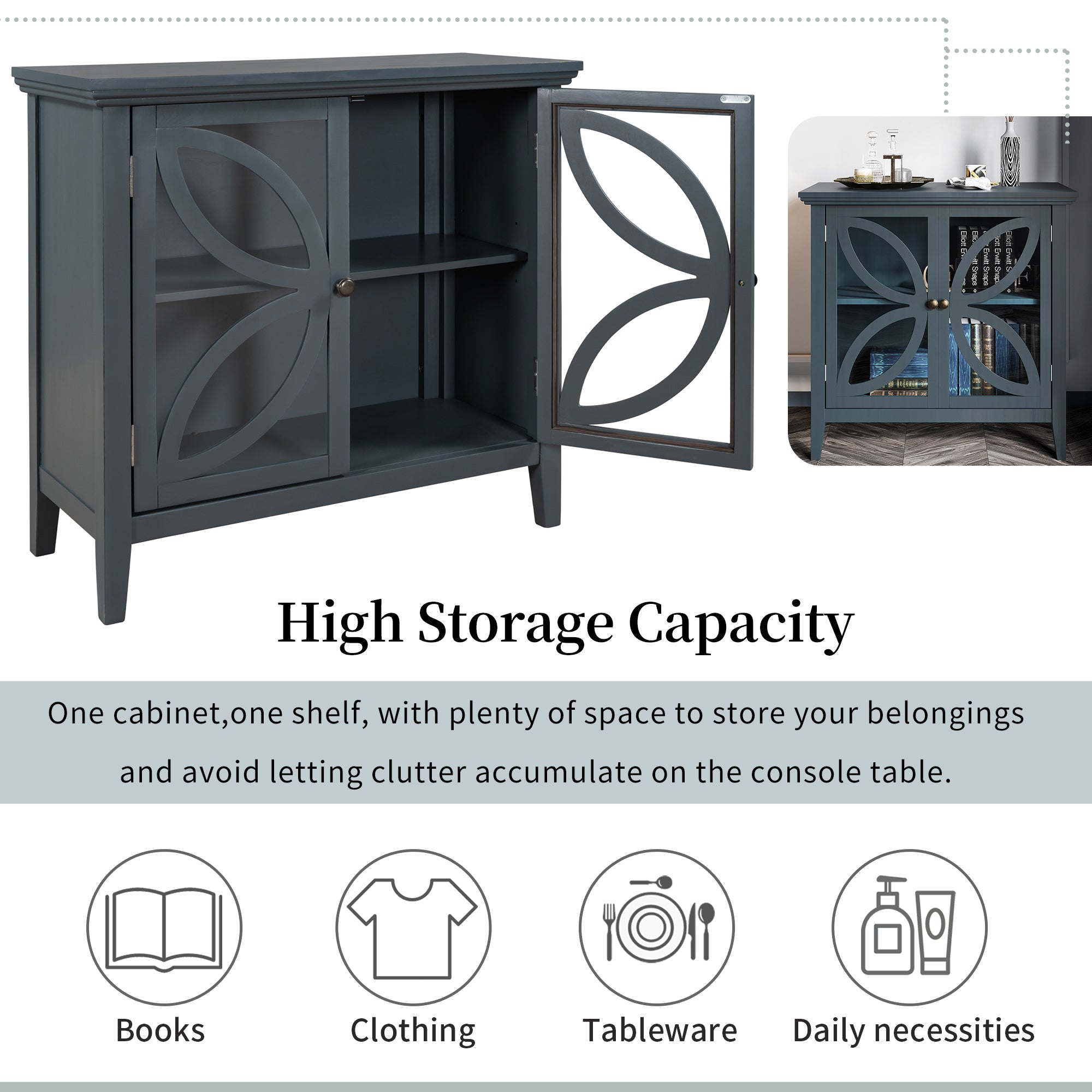 Wood Double Transparent Door Accent Cabinet with Adjustable Shelf