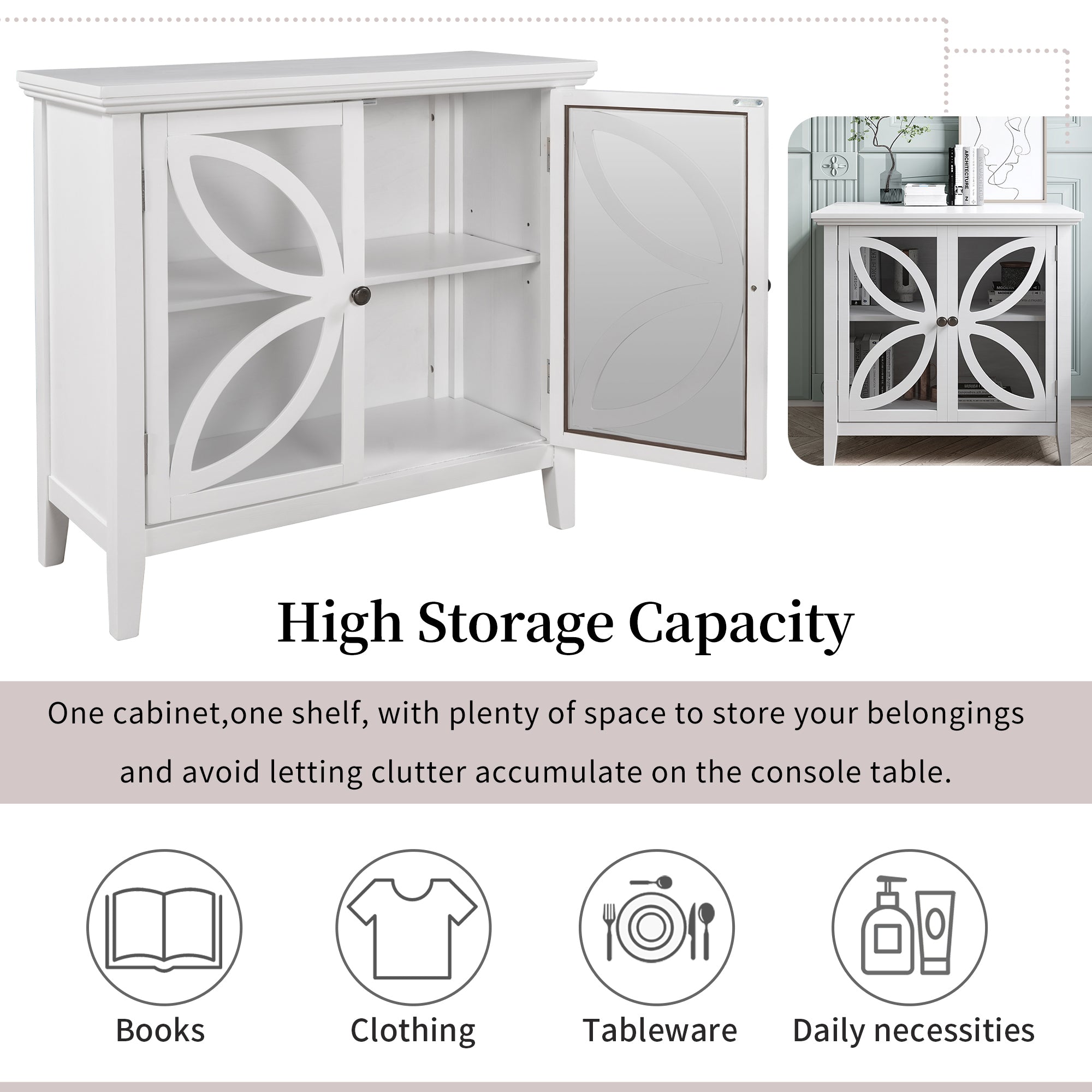 Wood Double Transparent Door Accent Cabinet with Adjustable Shelf