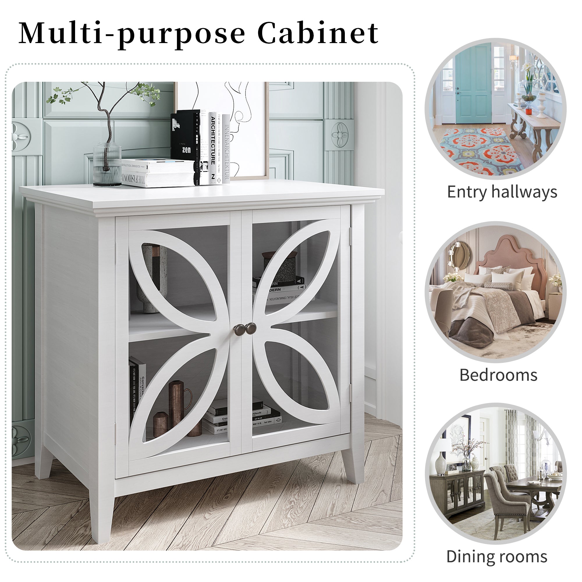 Wood Double Transparent Door Accent Cabinet with Adjustable Shelf