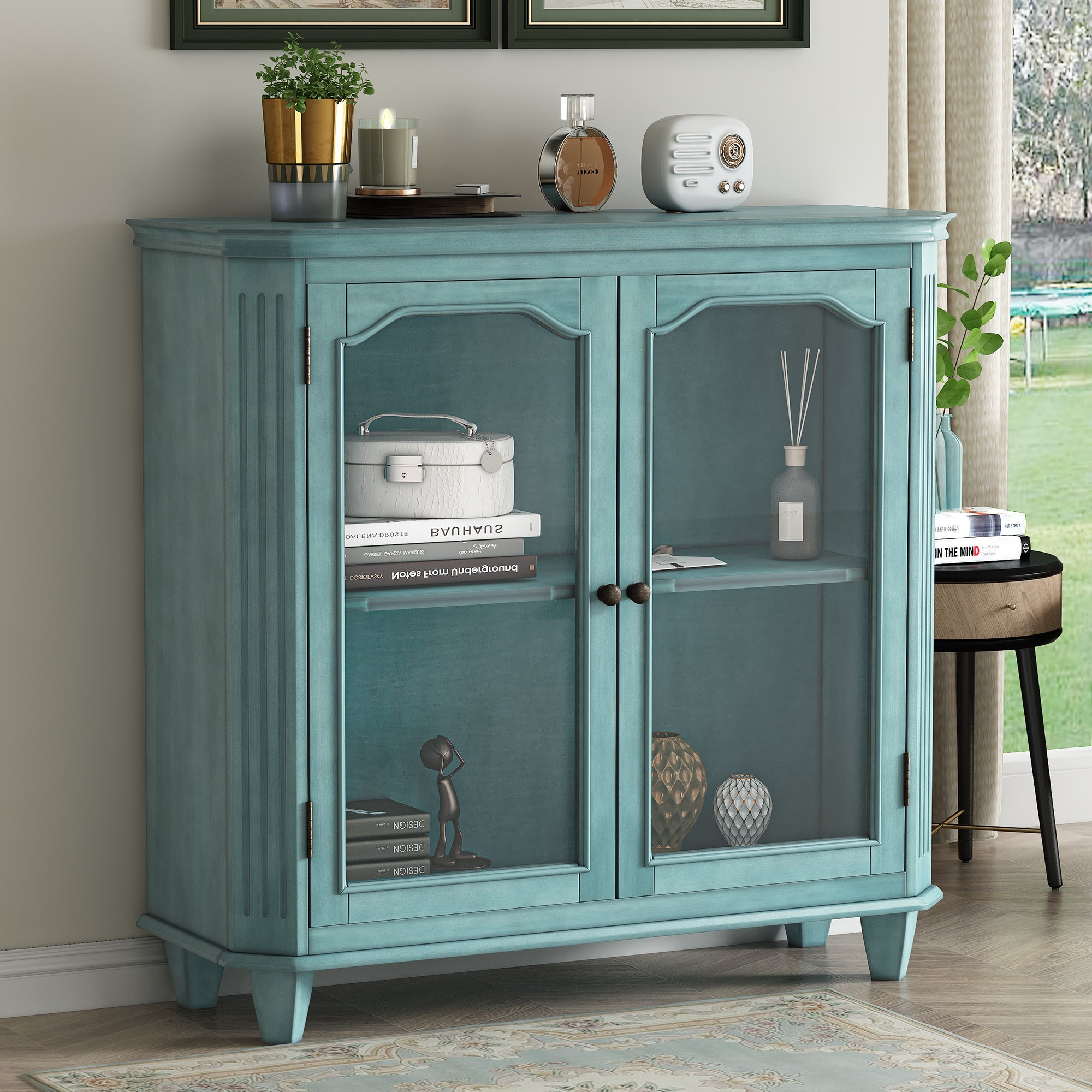 36" Tall Wood 2-door Accent Cabinet with Transparent Cabinet Doors