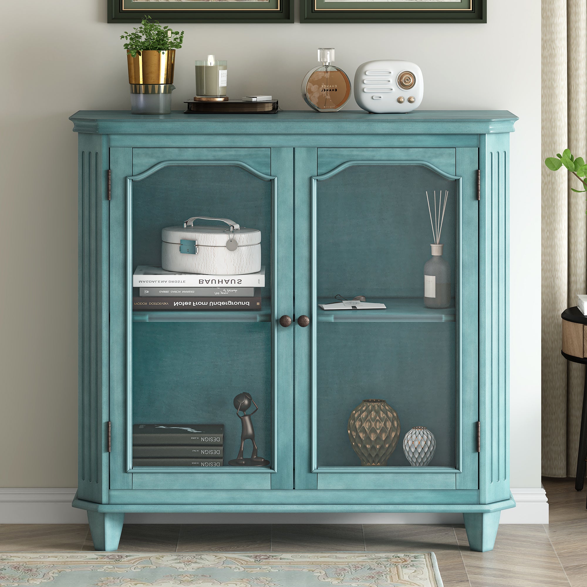 36" Tall Wood 2-door Accent Cabinet with Transparent Cabinet Doors