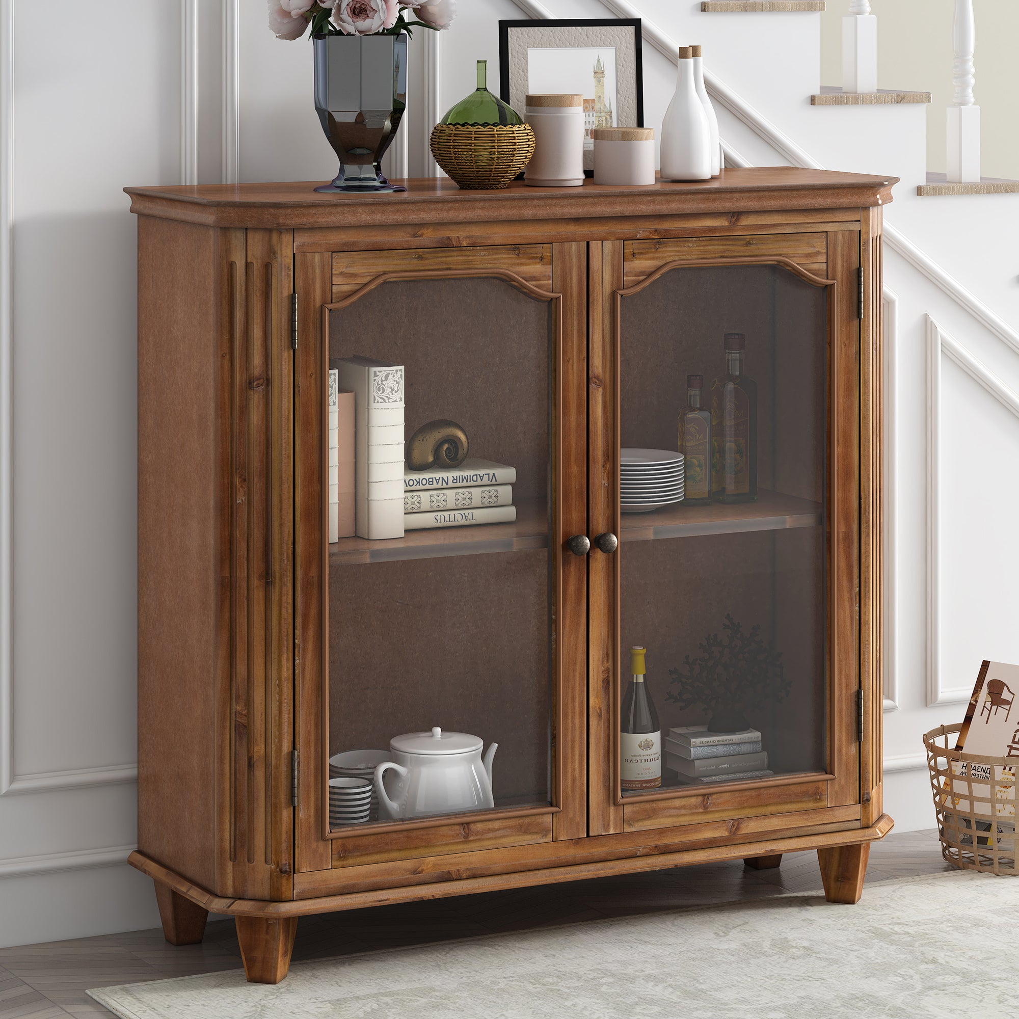 36" Tall Wood 2-door Accent Cabinet with Transparent Cabinet Doors