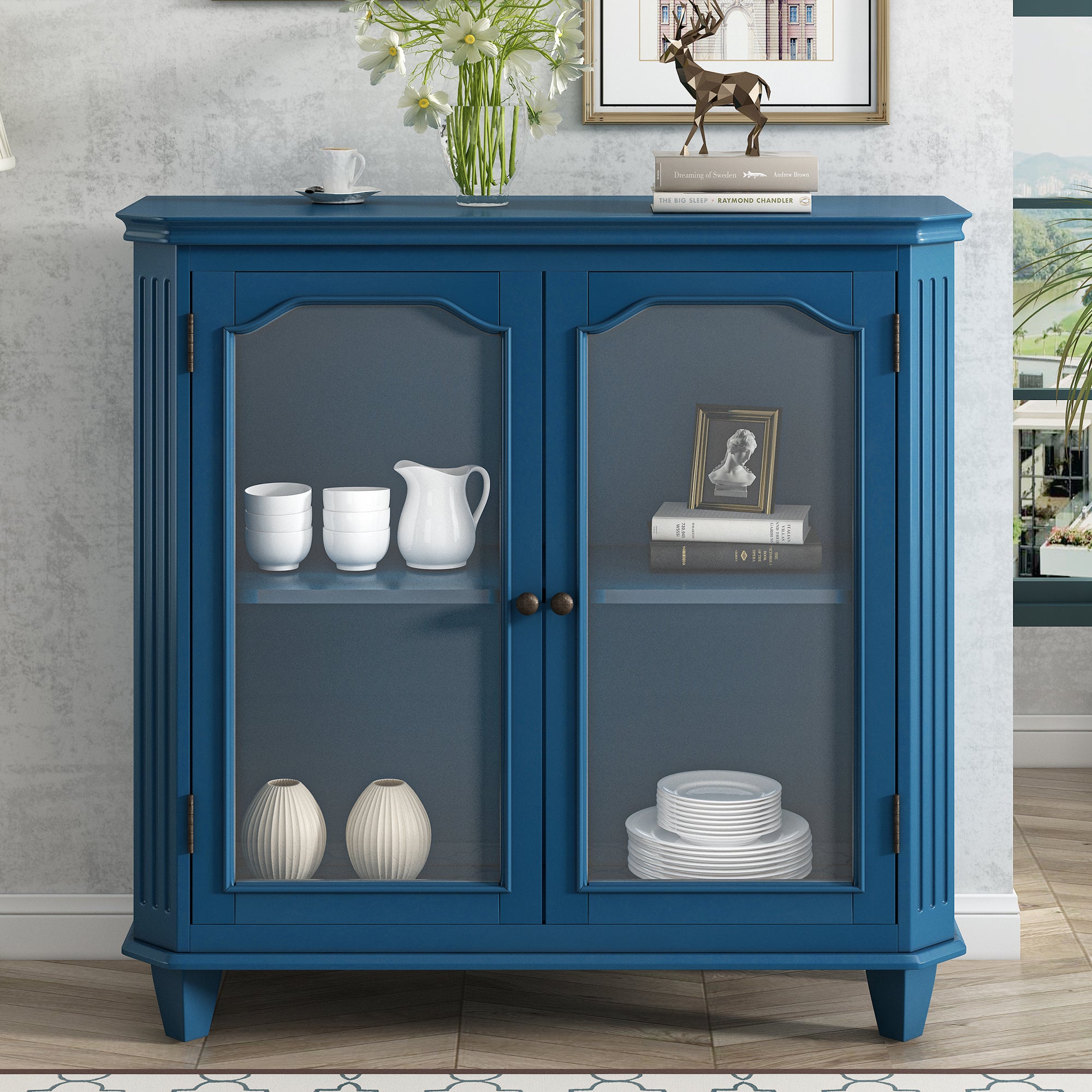 36" Tall Wood 2-door Accent Cabinet with Transparent Cabinet Doors