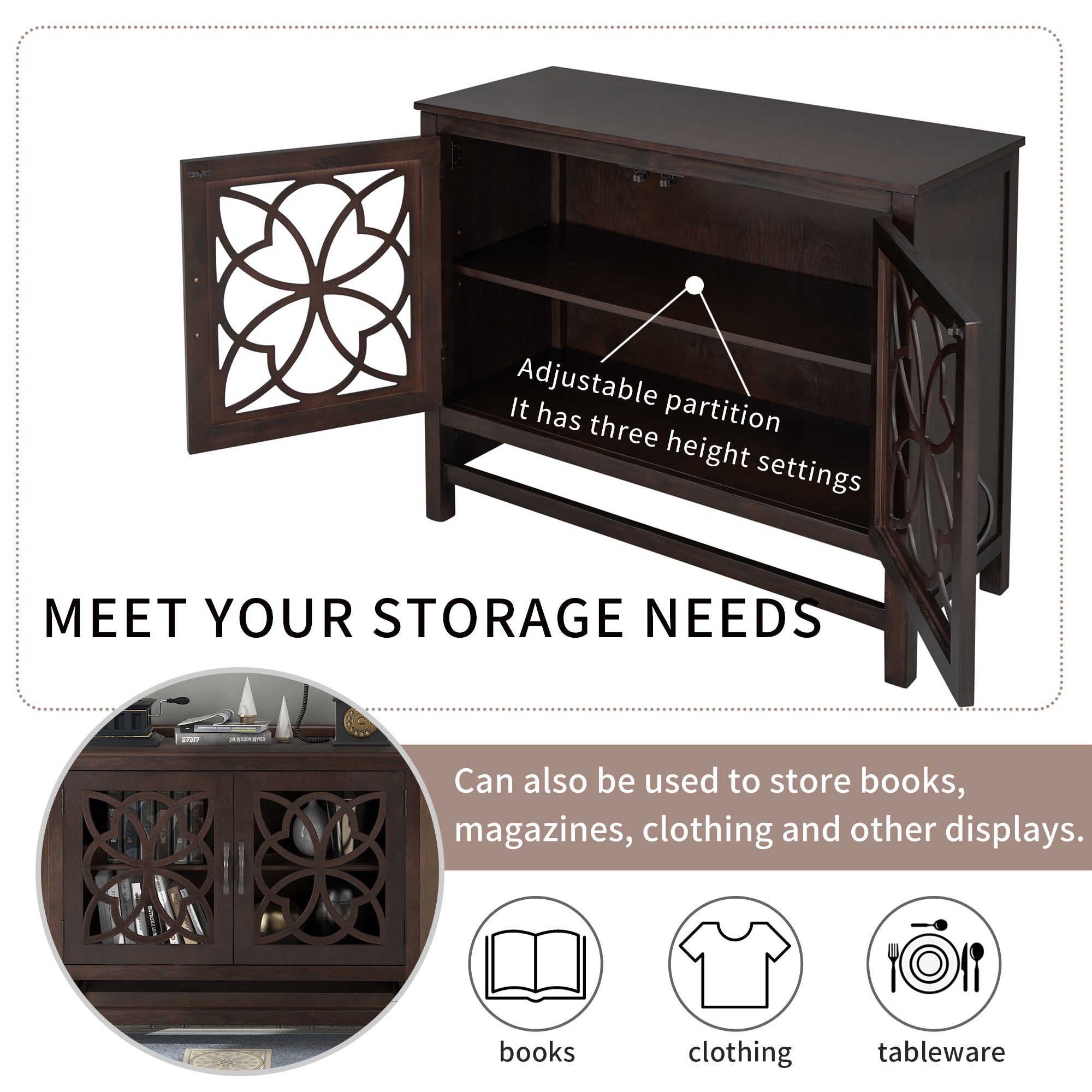 32" Tall Wood 2-door Accent Cabinet with Adjustable Shelf