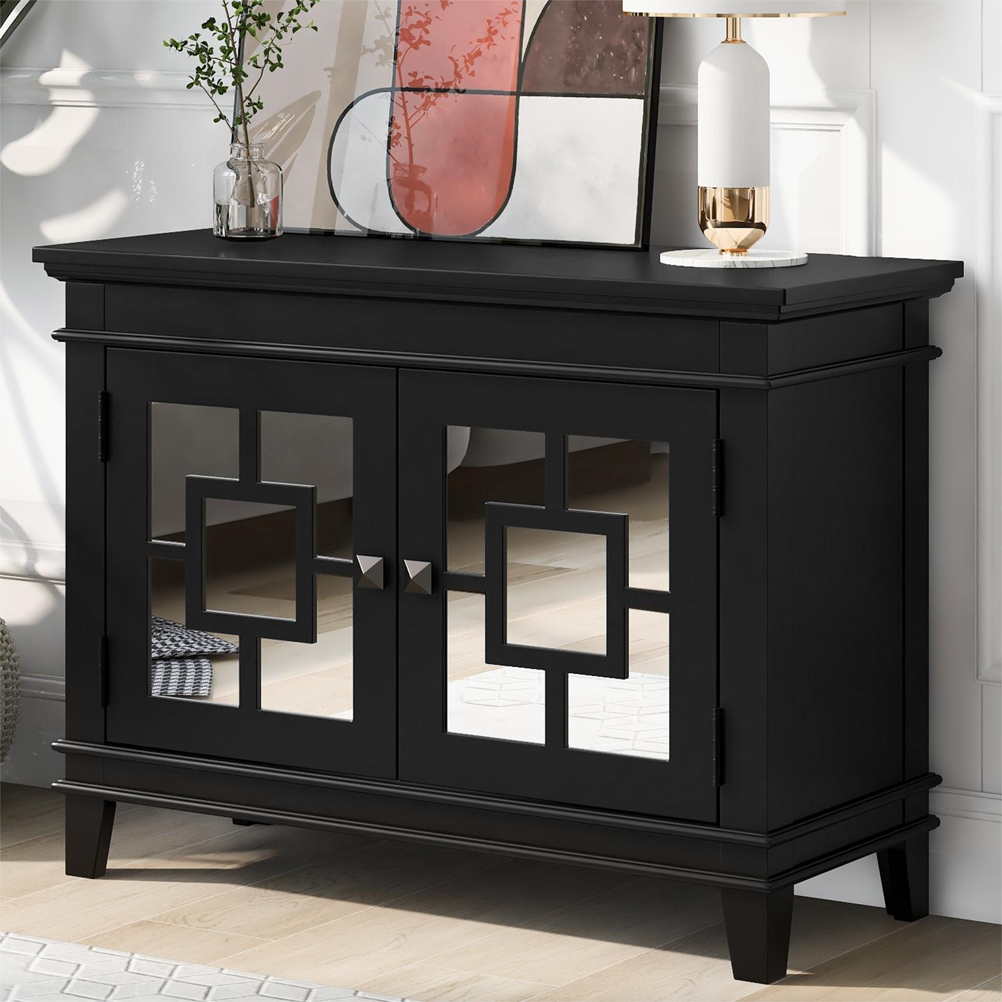 24" Tall Wood 2-door Accent Cabinet with Mirror Door