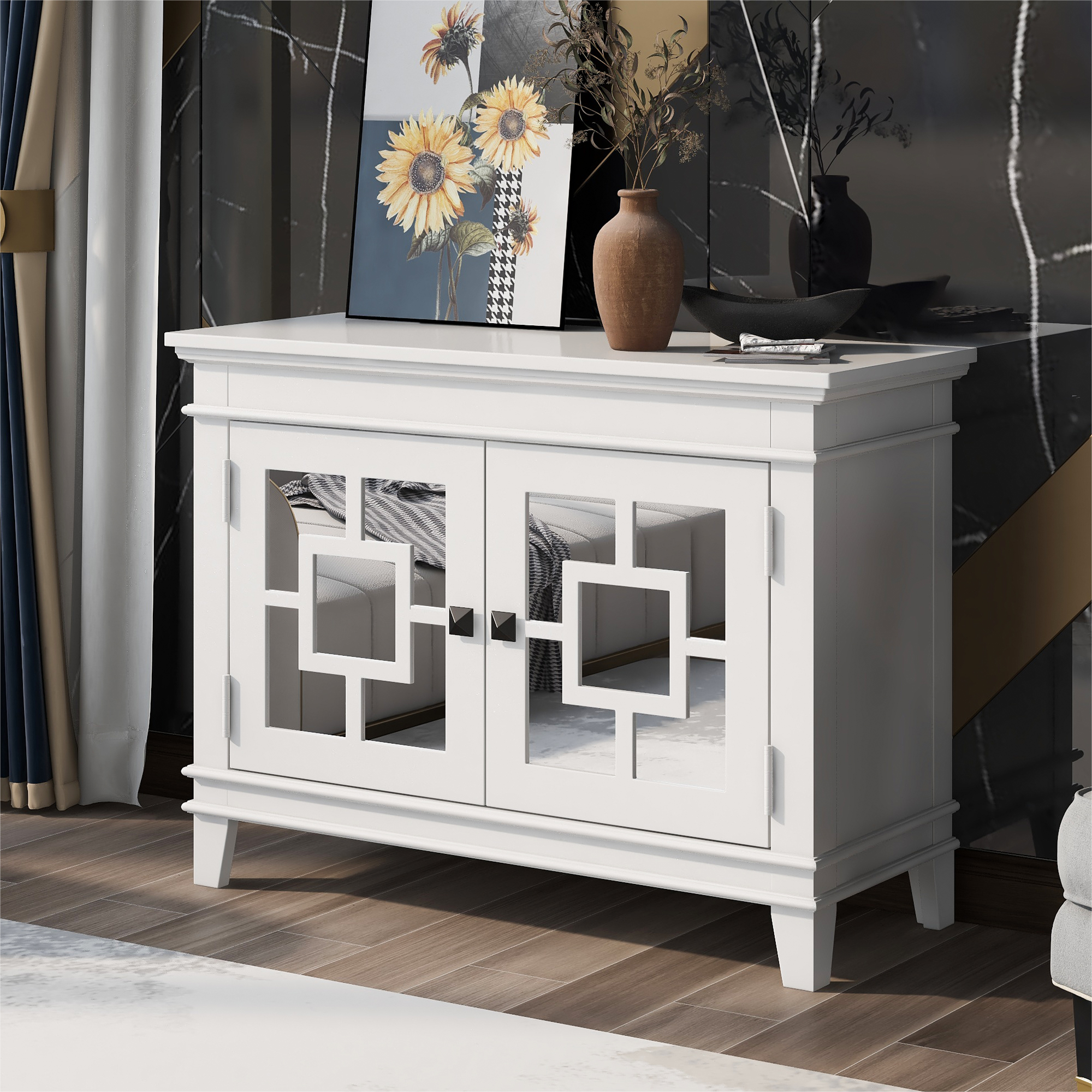 24" Tall Wood 2-door Accent Cabinet with Mirror Door