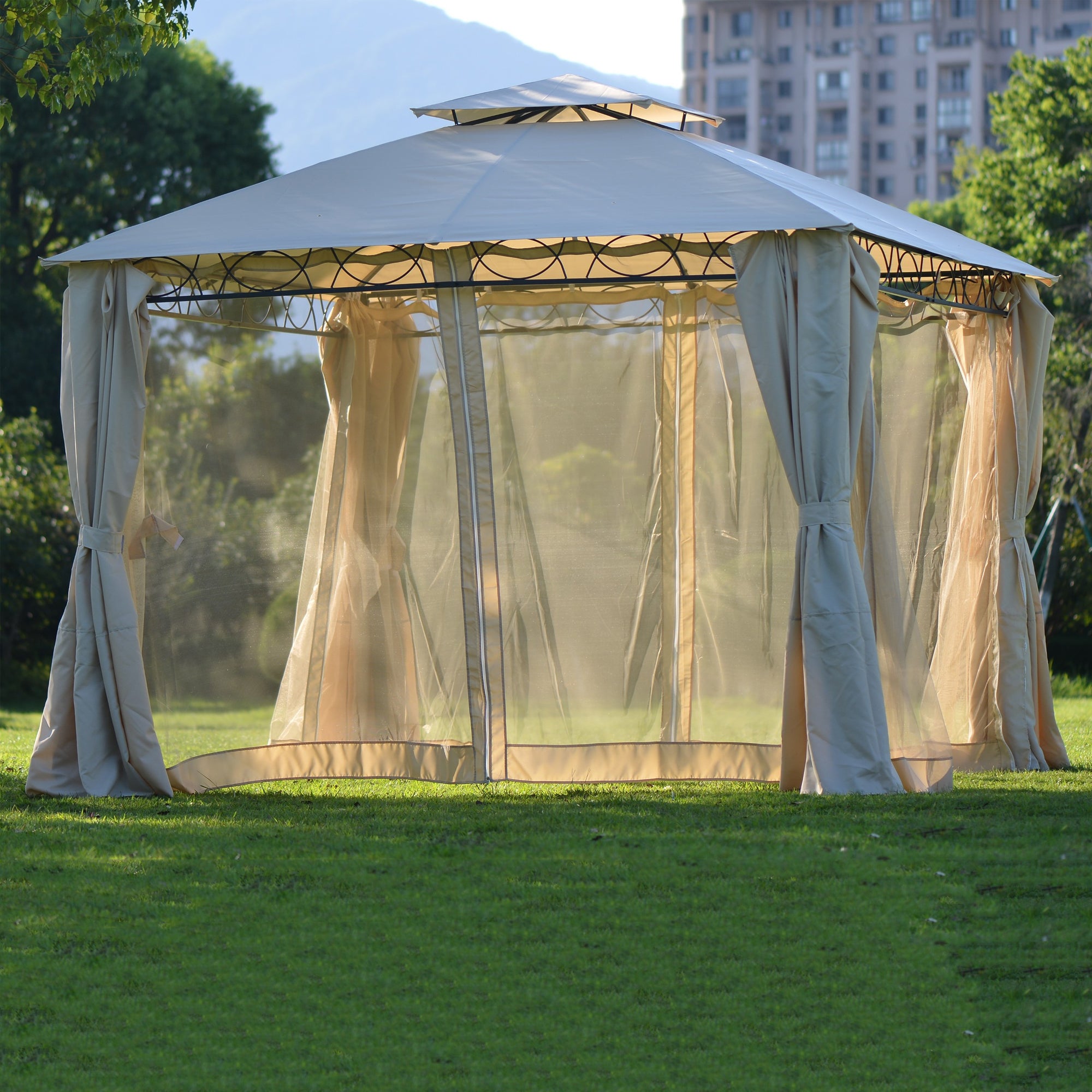 10' X 10' Iron Polyester Soft-Top Outdoor Double Tiered Grill Canopy Gazebo Tent