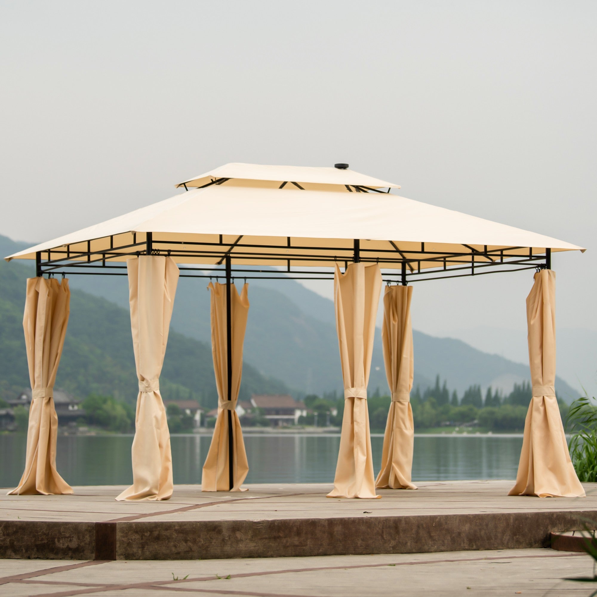 13' X 9' Iron Polyester Soft-Top Outdoor Canopy Patio Gazebo with Removable Curtains