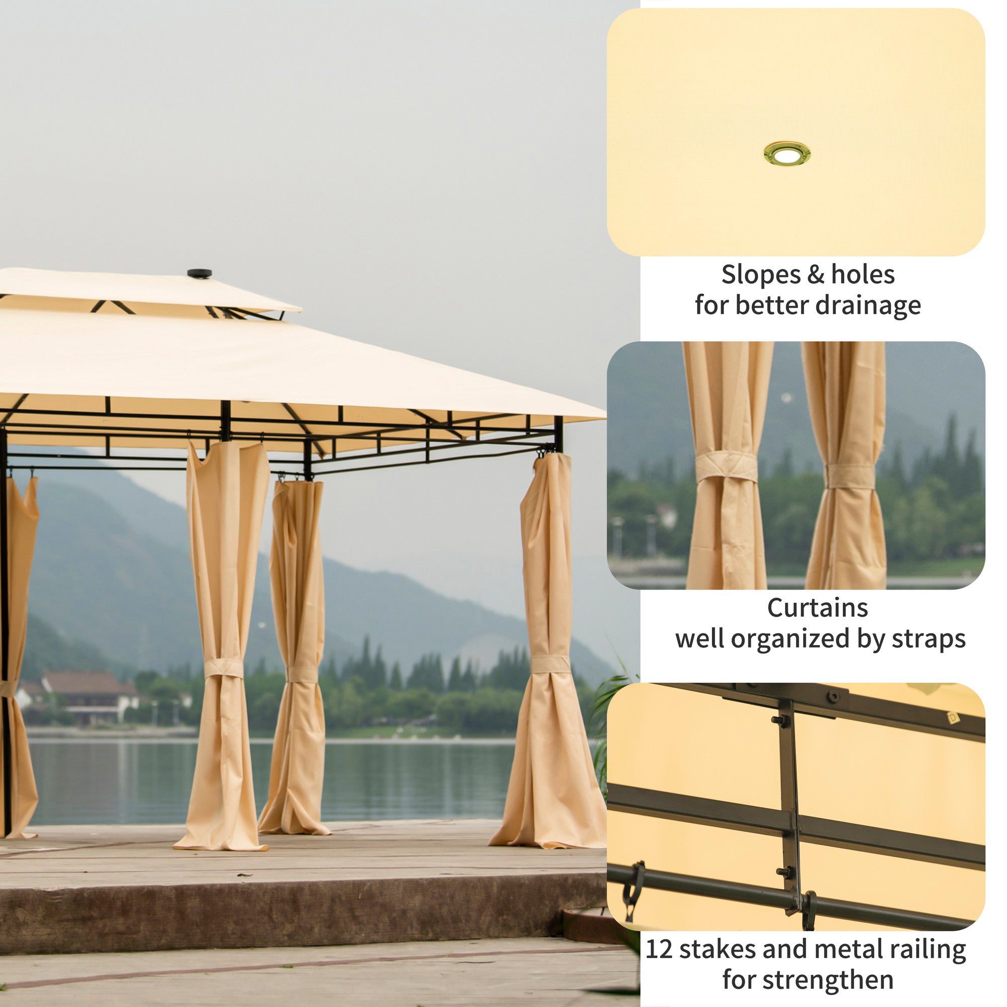 13' X 9' Iron Polyester Soft-Top Outdoor Canopy Patio Gazebo with Removable Curtains