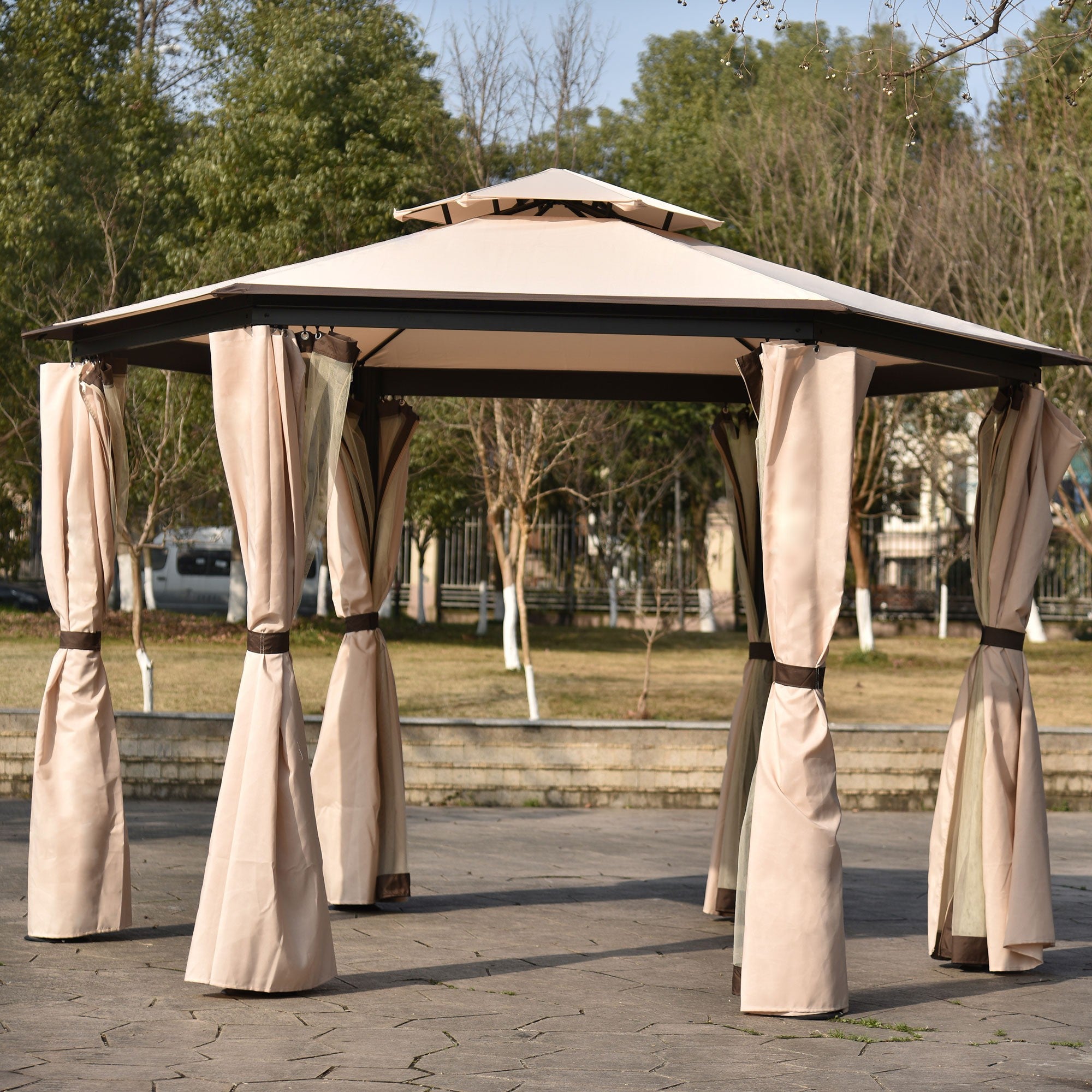 12' X 12' Iron Polyester Soft-Top Outdoor Canopy Patio Gazebo with Mosquito Netting