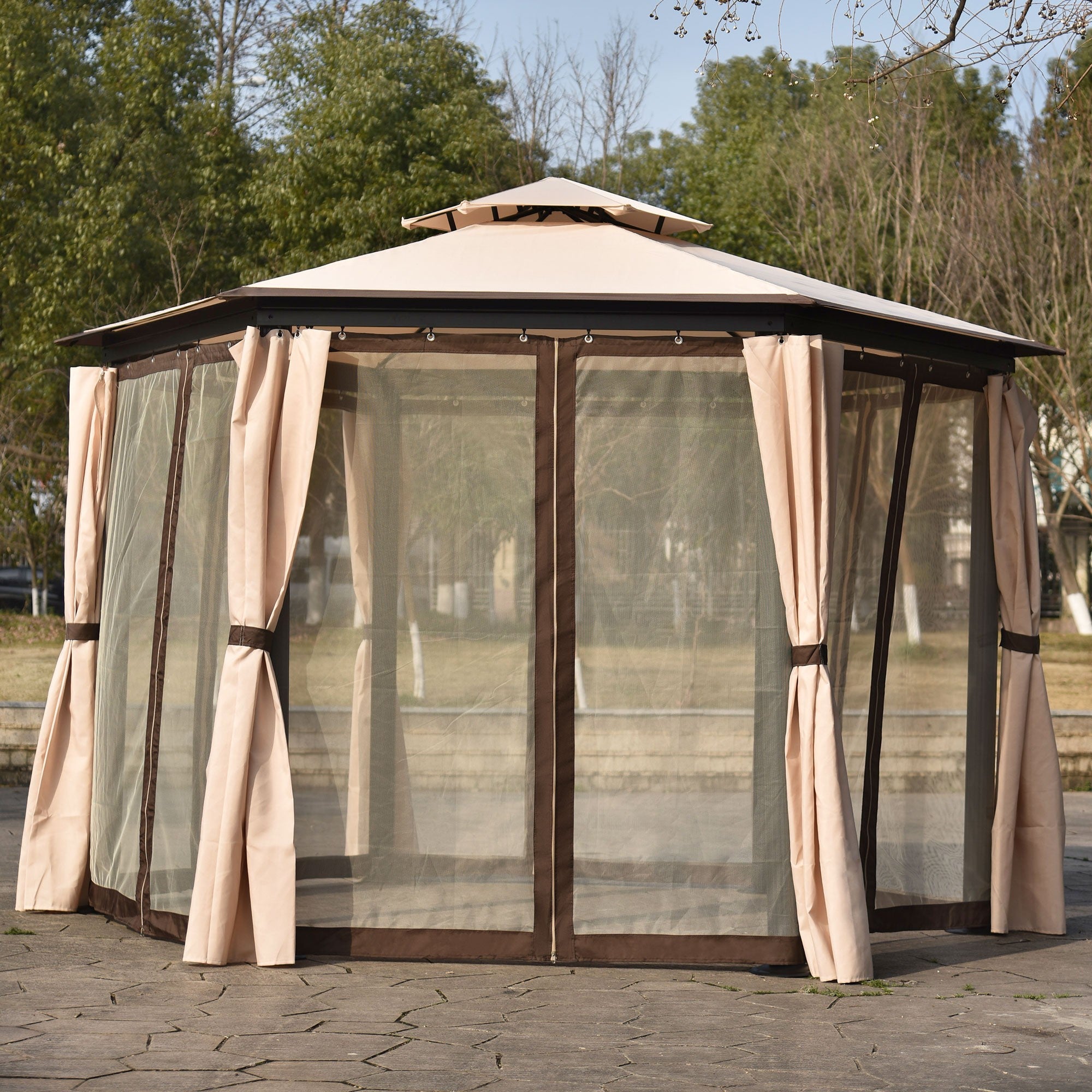 12' X 12' Iron Polyester Soft-Top Outdoor Canopy Patio Gazebo with Mosquito Netting