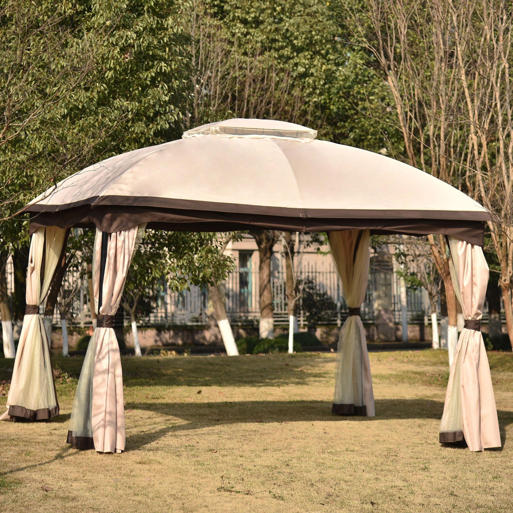 12' X 10' Iron Polyester  Soft-Top  Outdoor Canopy Patio Gazebo