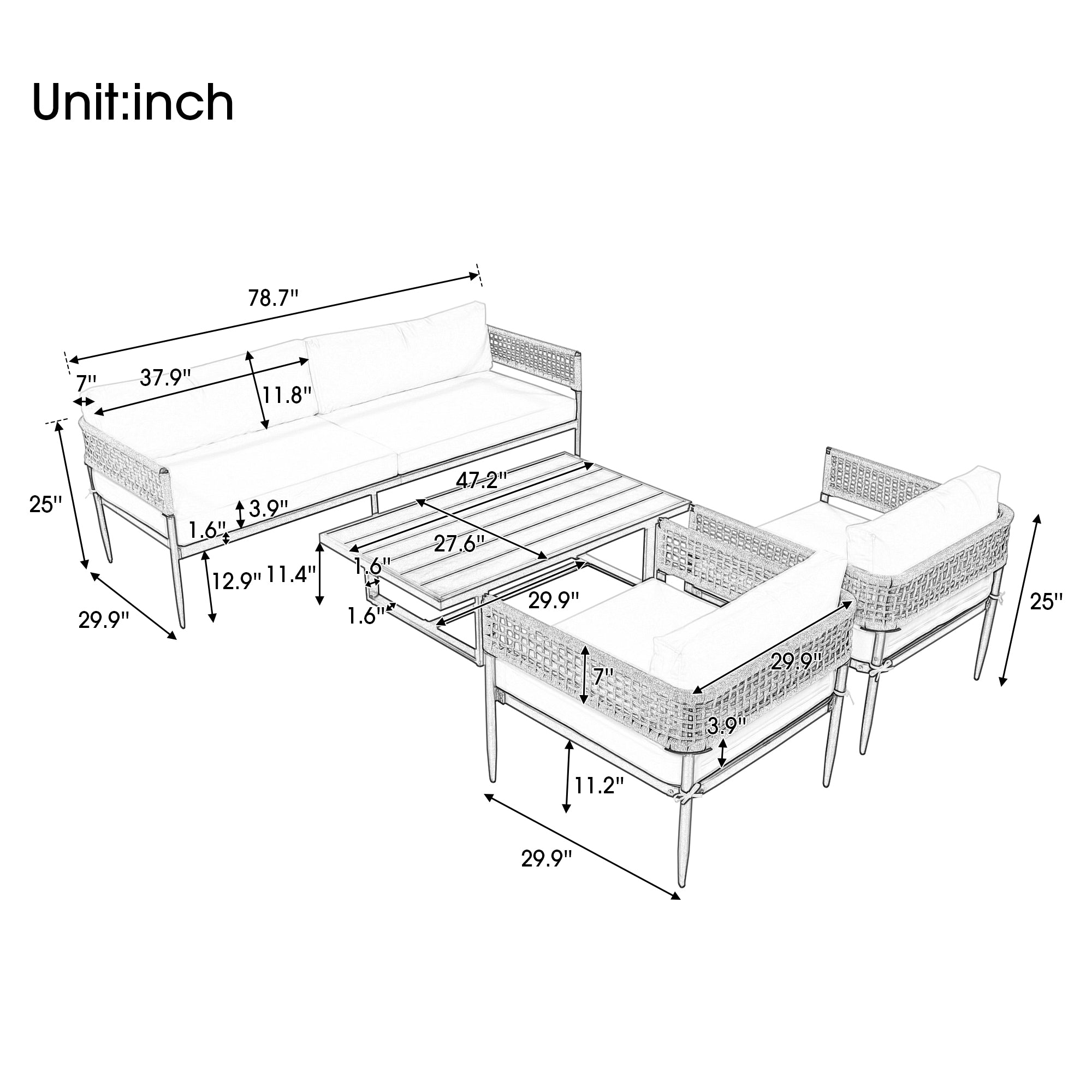 4 Pieces Outdoor Patio Sectional Sofa with Cushions