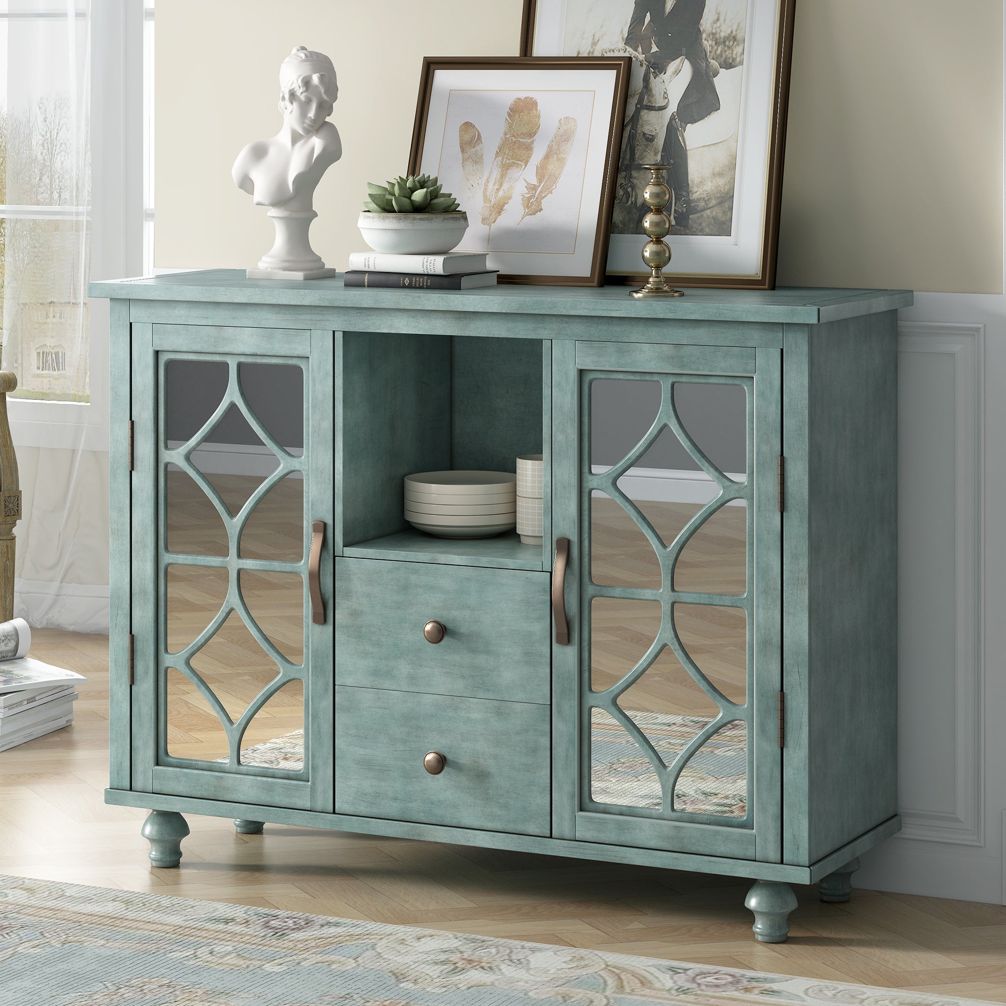 48-inch Wood Sideboard with Exterior Shelf and 2 Drawers