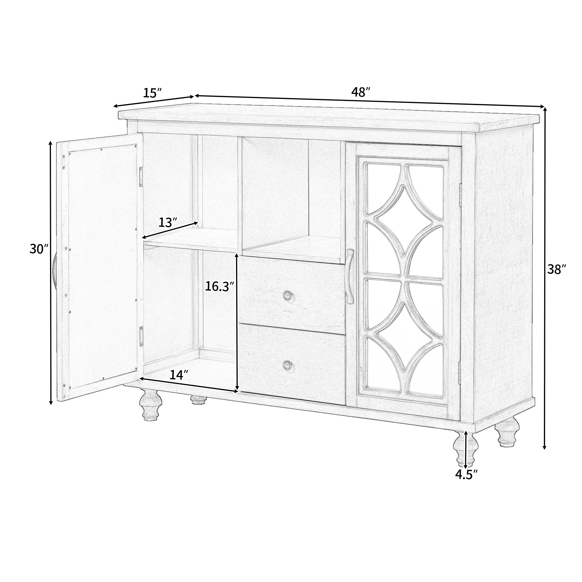 48-inch Wood Sideboard with Exterior Shelf and 2 Drawers