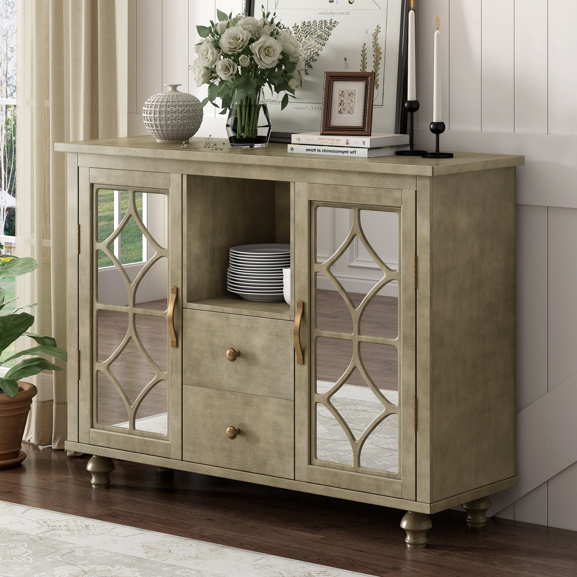 48-inch Wood Sideboard with Exterior Shelf and 2 Drawers