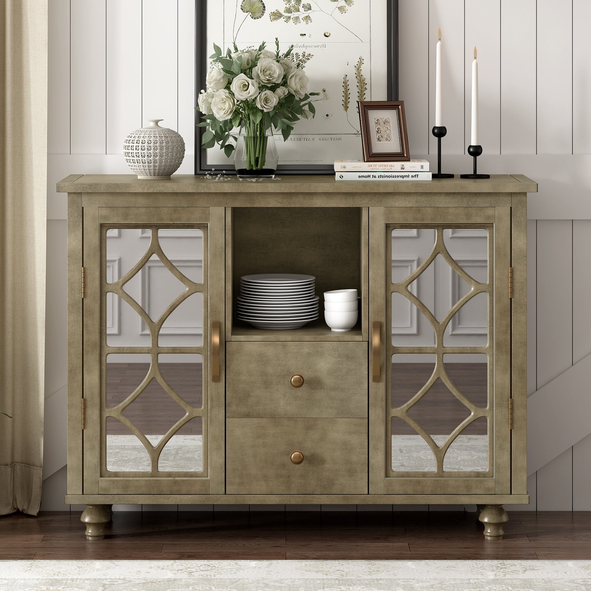 48-inch Wood Sideboard with Exterior Shelf and 2 Drawers