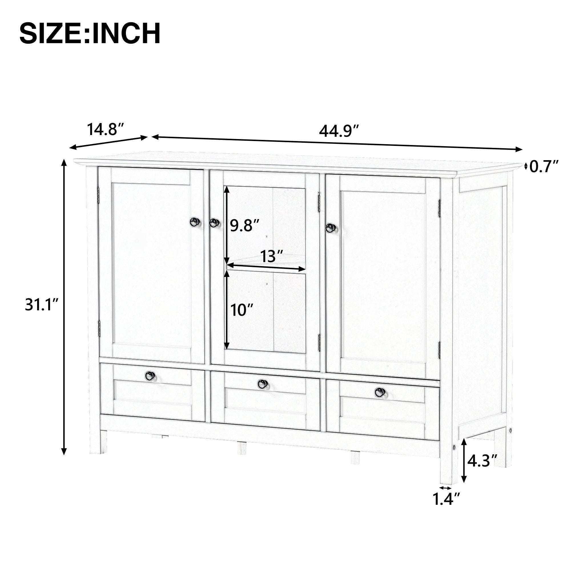 45-inch Wood Sideboard with 2 Doors and 3 Drawers