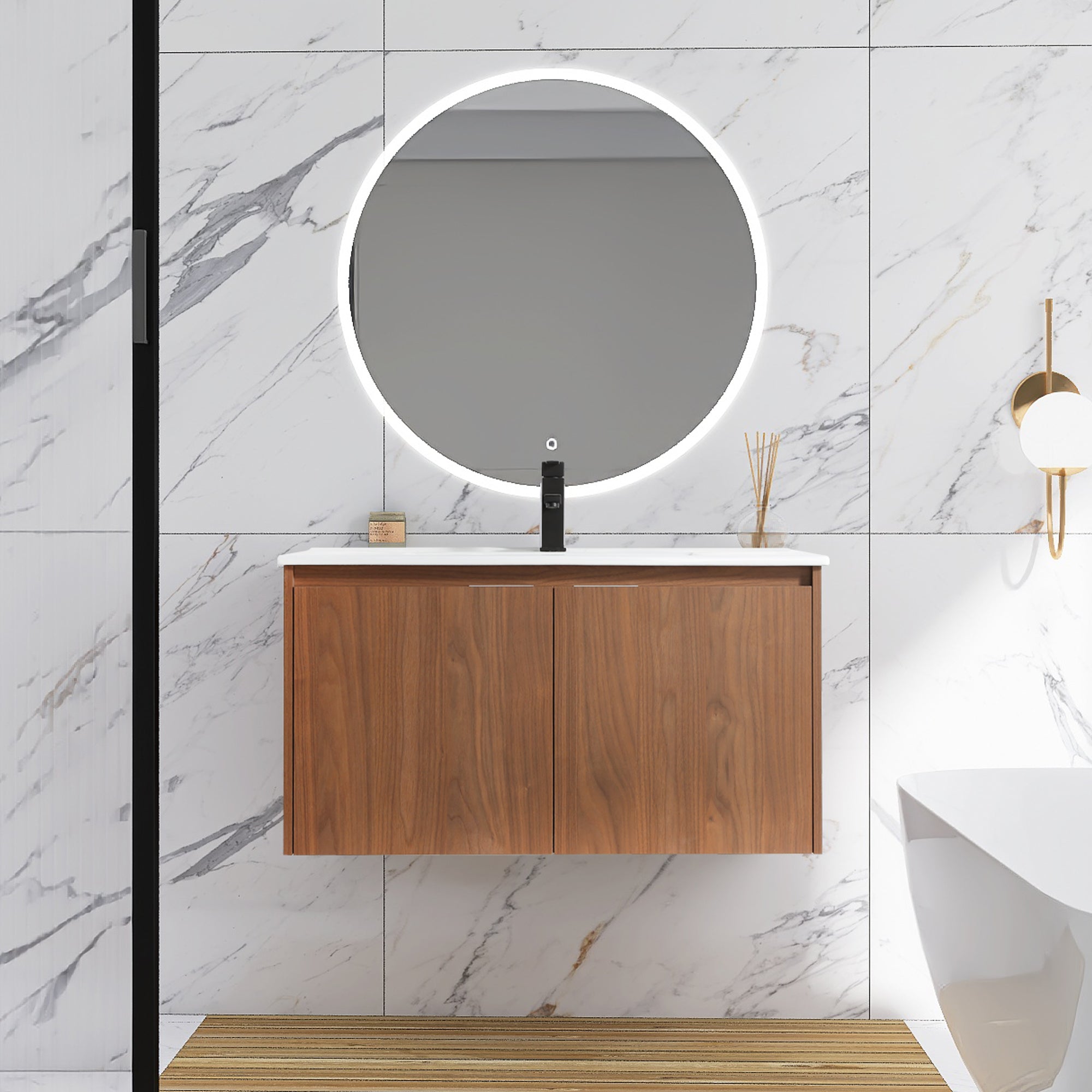 36 in. W x 18 in. D Bath Vanity Set in Brown with Ceramic Vanity Top in White with White Basin