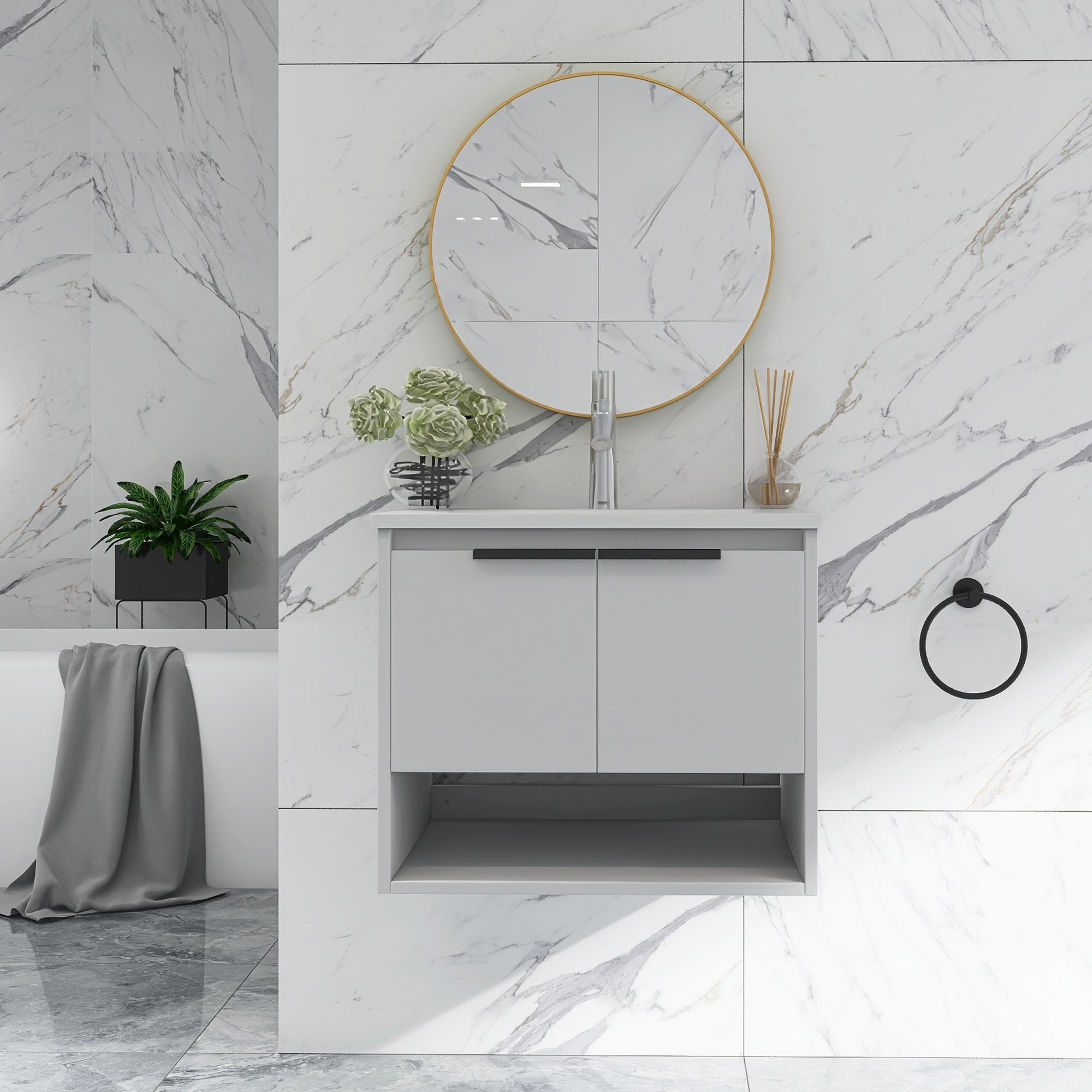 24 in. W x 18 in. D Bath Vanity Set in White with Ceramic Vanity Top in White with White Basin