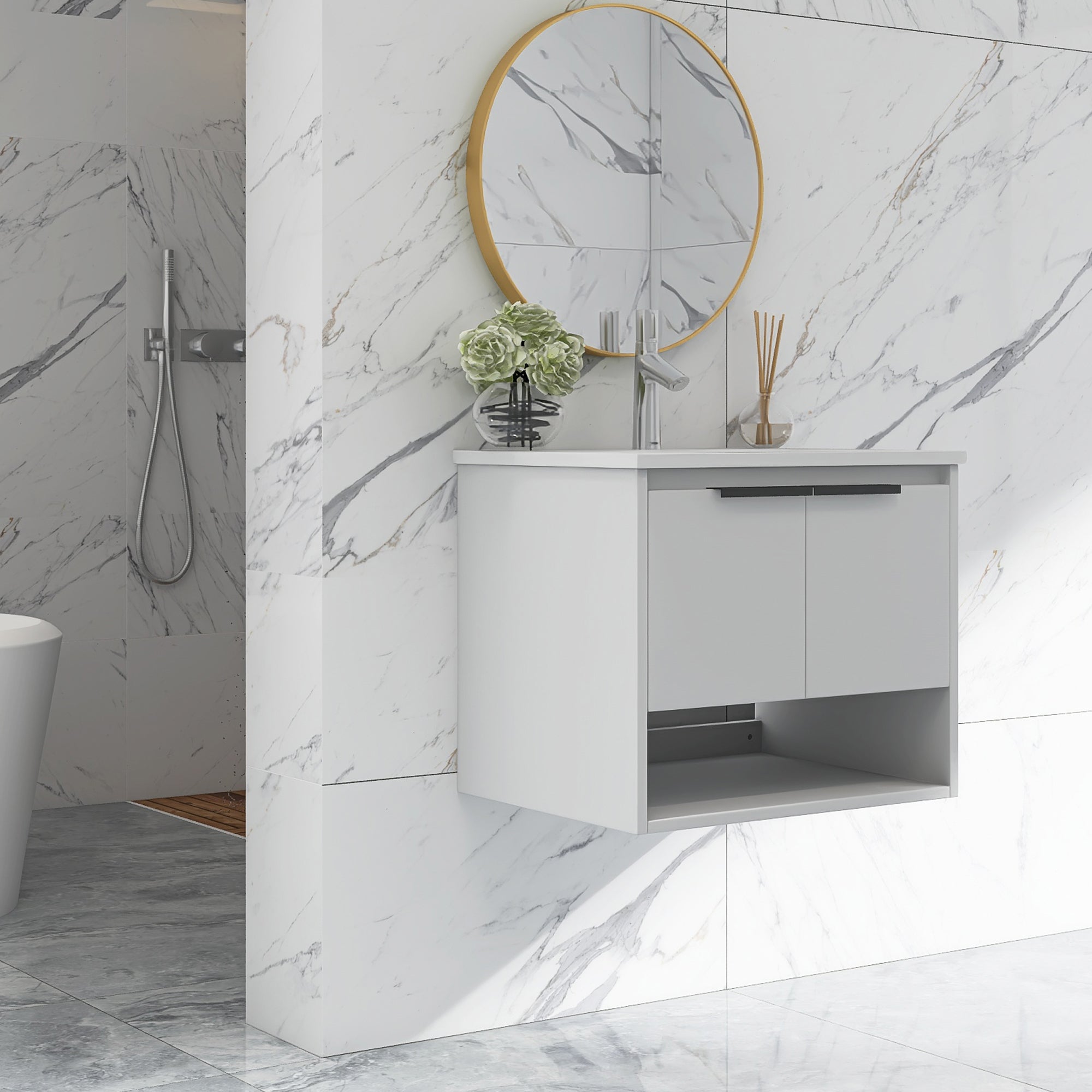 24 in. W x 18 in. D Bath Vanity Set in White with Ceramic Vanity Top in White with White Basin