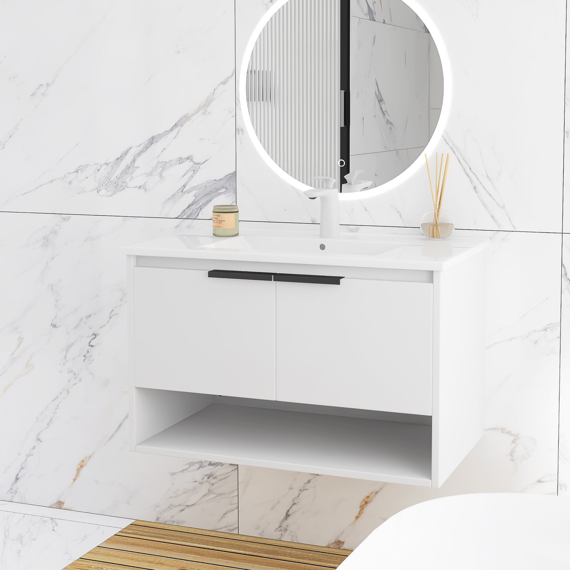 32 in. W x 18 in. D Bath Vanity Set in White with Ceramic Vanity Top in White with White Basin