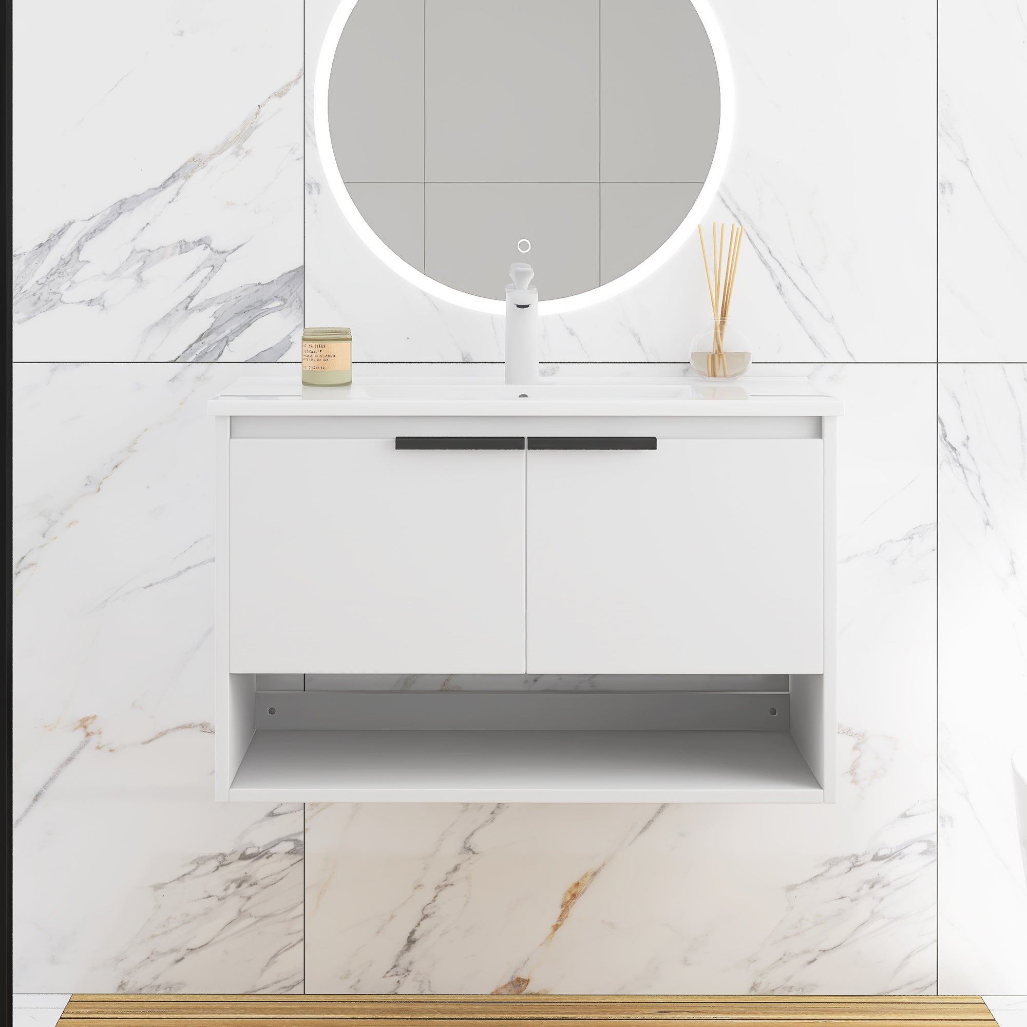 32 in. W x 18 in. D Bath Vanity Set in White with Ceramic Vanity Top in White with White Basin
