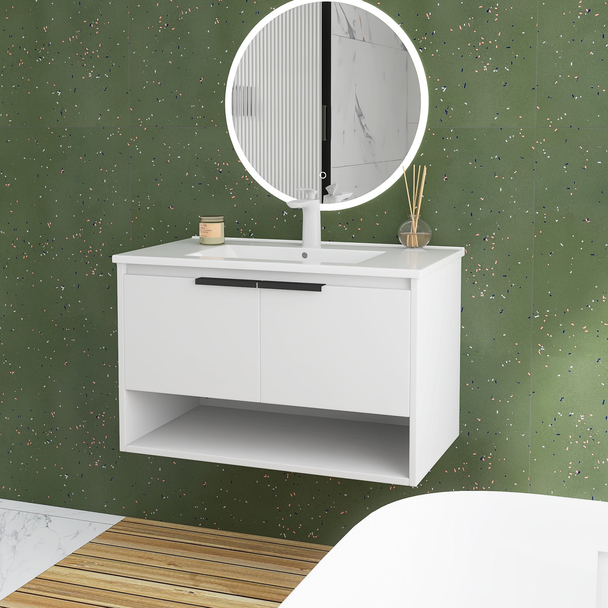 32 in. W x 18 in. D Bath Vanity Set in White with Ceramic Vanity Top in White with White Basin