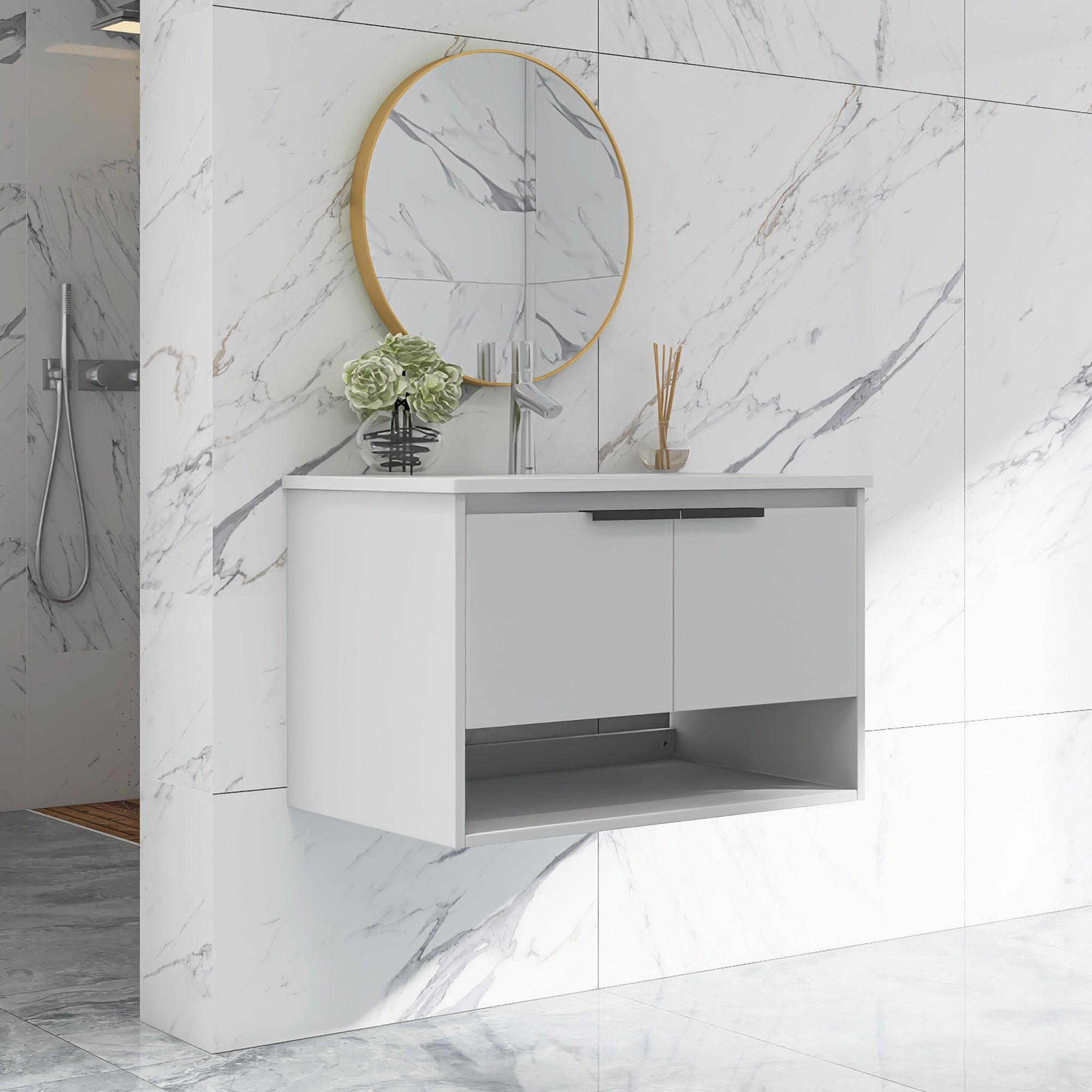 32 in. W x 18 in. D Bath Vanity Set in White with Ceramic Vanity Top in White with White Basin