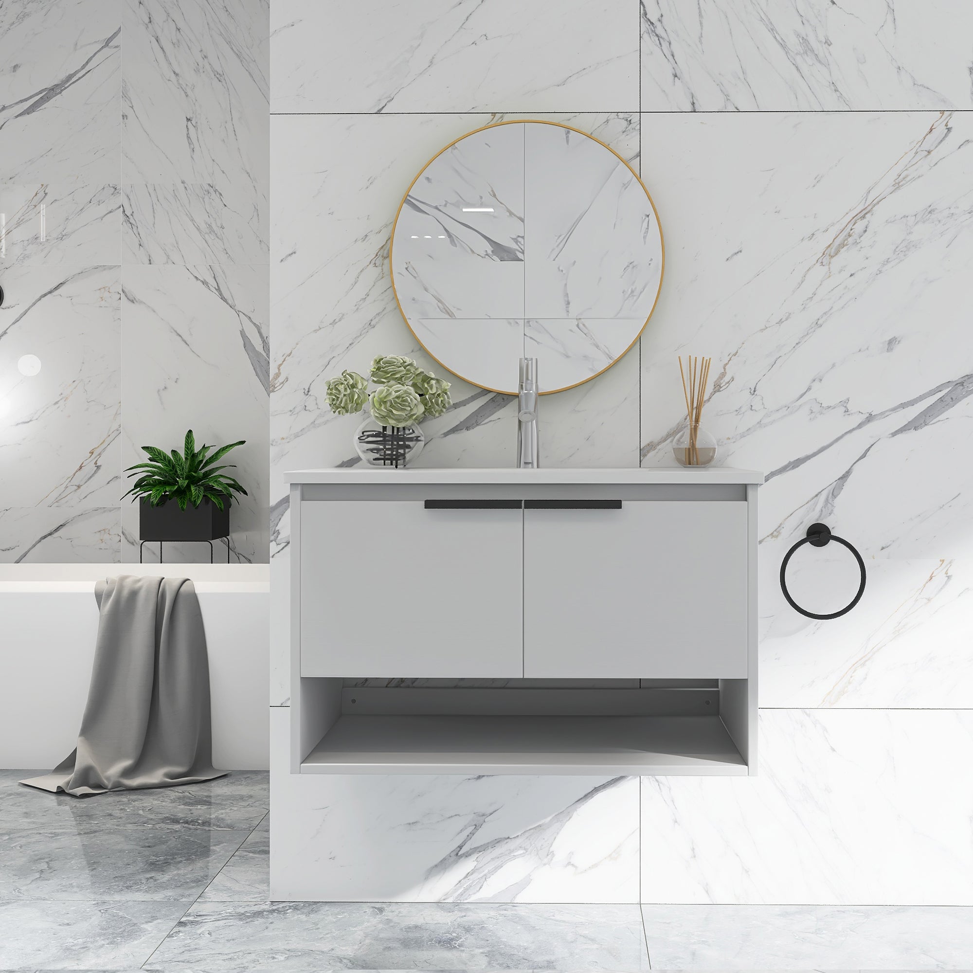 32 in. W x 18 in. D Bath Vanity Set in White with Ceramic Vanity Top in White with White Basin