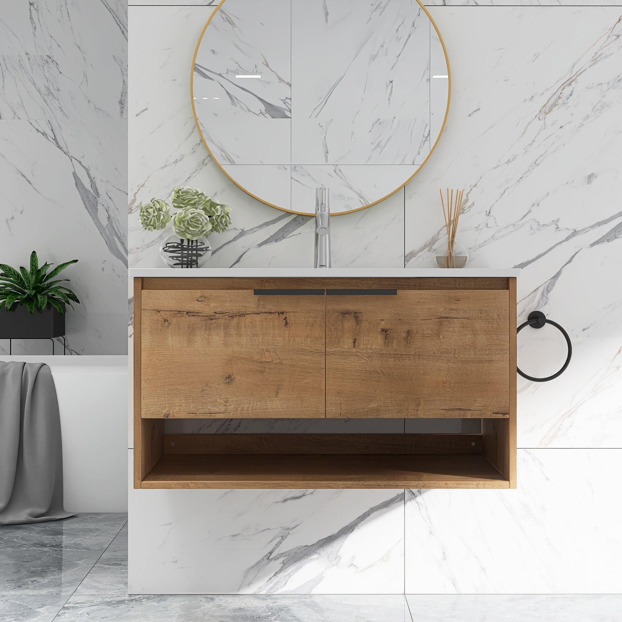 36 in. W x 18 in. D Bath Vanity Set in Natural Wood with Ceramic Vanity Top in White with White Basin