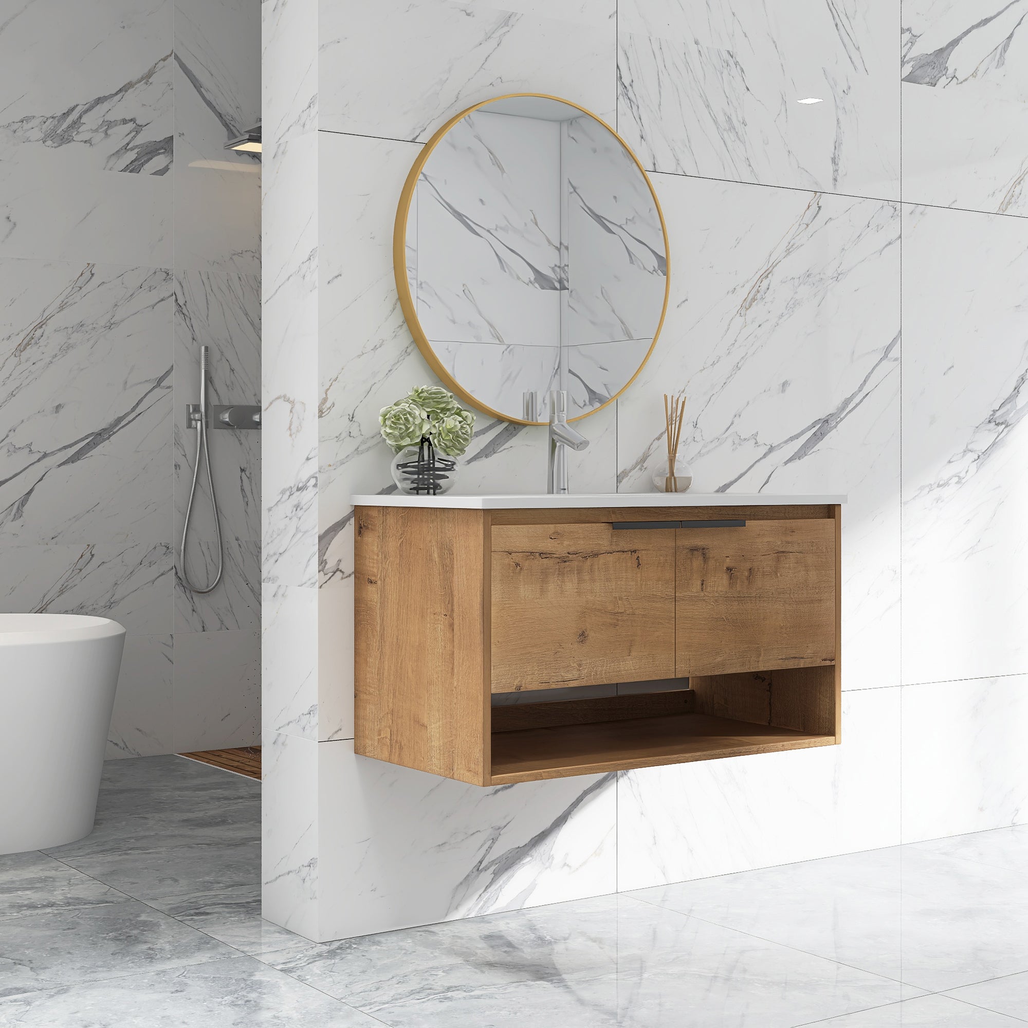 36 in. W x 18 in. D Bath Vanity Set in Natural Wood with Ceramic Vanity Top in White with White Basin