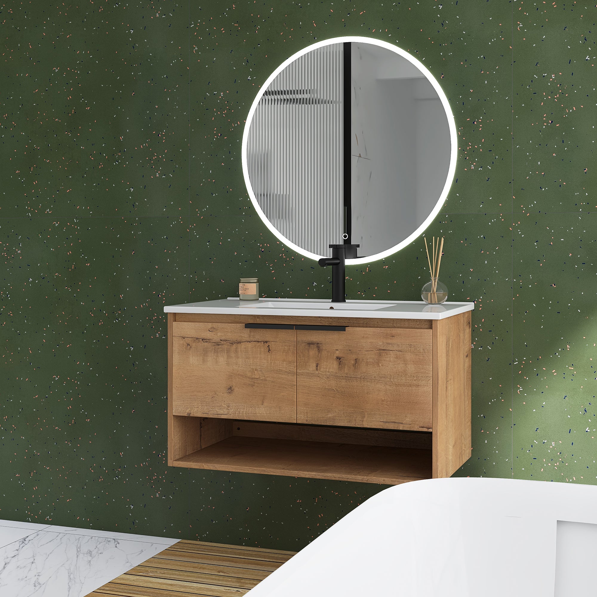 36 in. W x 18 in. D Bath Vanity Set in Natural Wood with Ceramic Vanity Top in White with White Basin