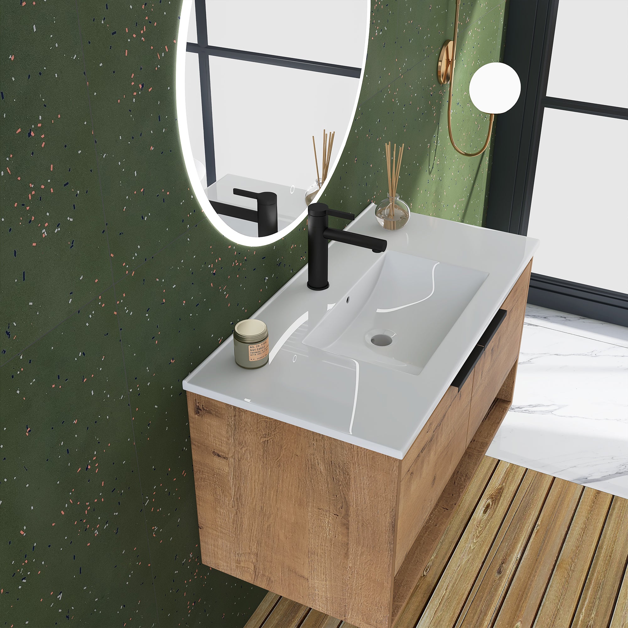 36 in. W x 18 in. D Bath Vanity Set in Natural Wood with Ceramic Vanity Top in White with White Basin