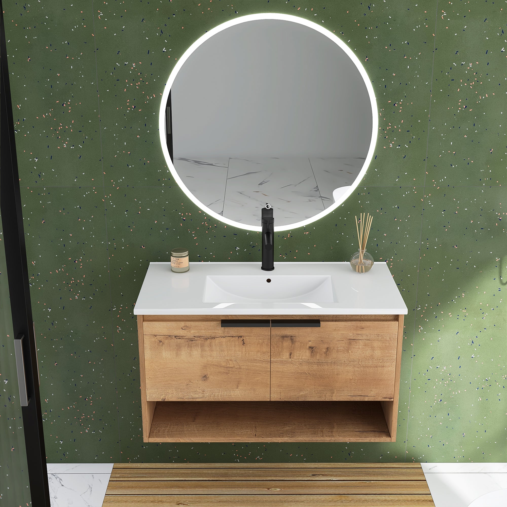 36 in. W x 18 in. D Bath Vanity Set in Natural Wood with Ceramic Vanity Top in White with White Basin