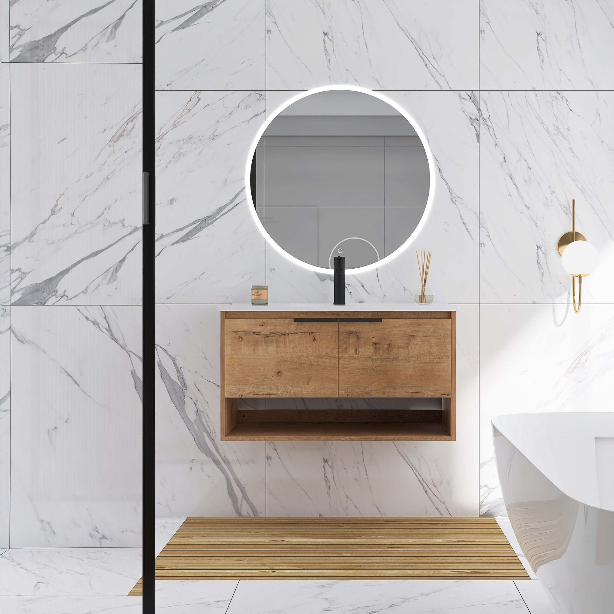 36 in. W x 18 in. D Bath Vanity Set in Natural Wood with Ceramic Vanity Top in White with White Basin