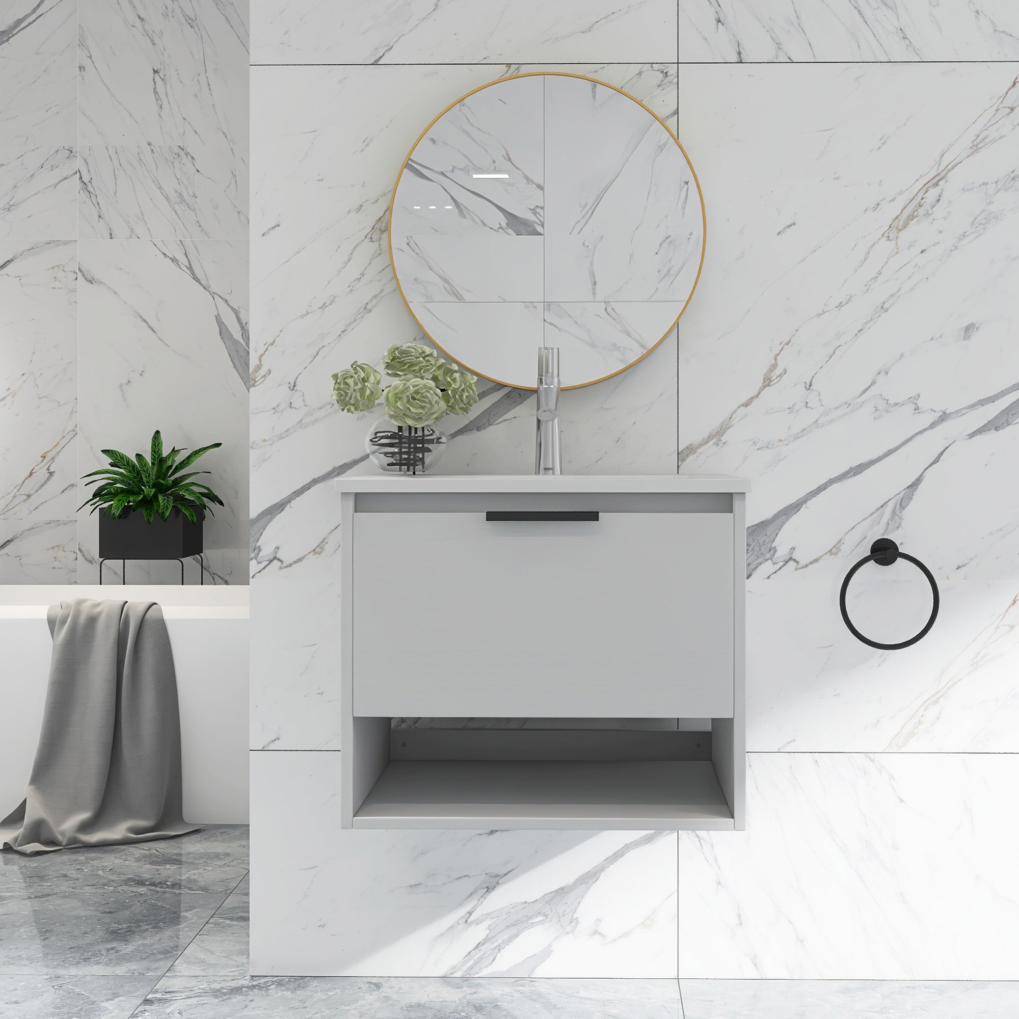 24 in. W x 18 in. D x 20 in. H Bath Vanity Set in White with Ceramic Vanity Top in White with White Basin