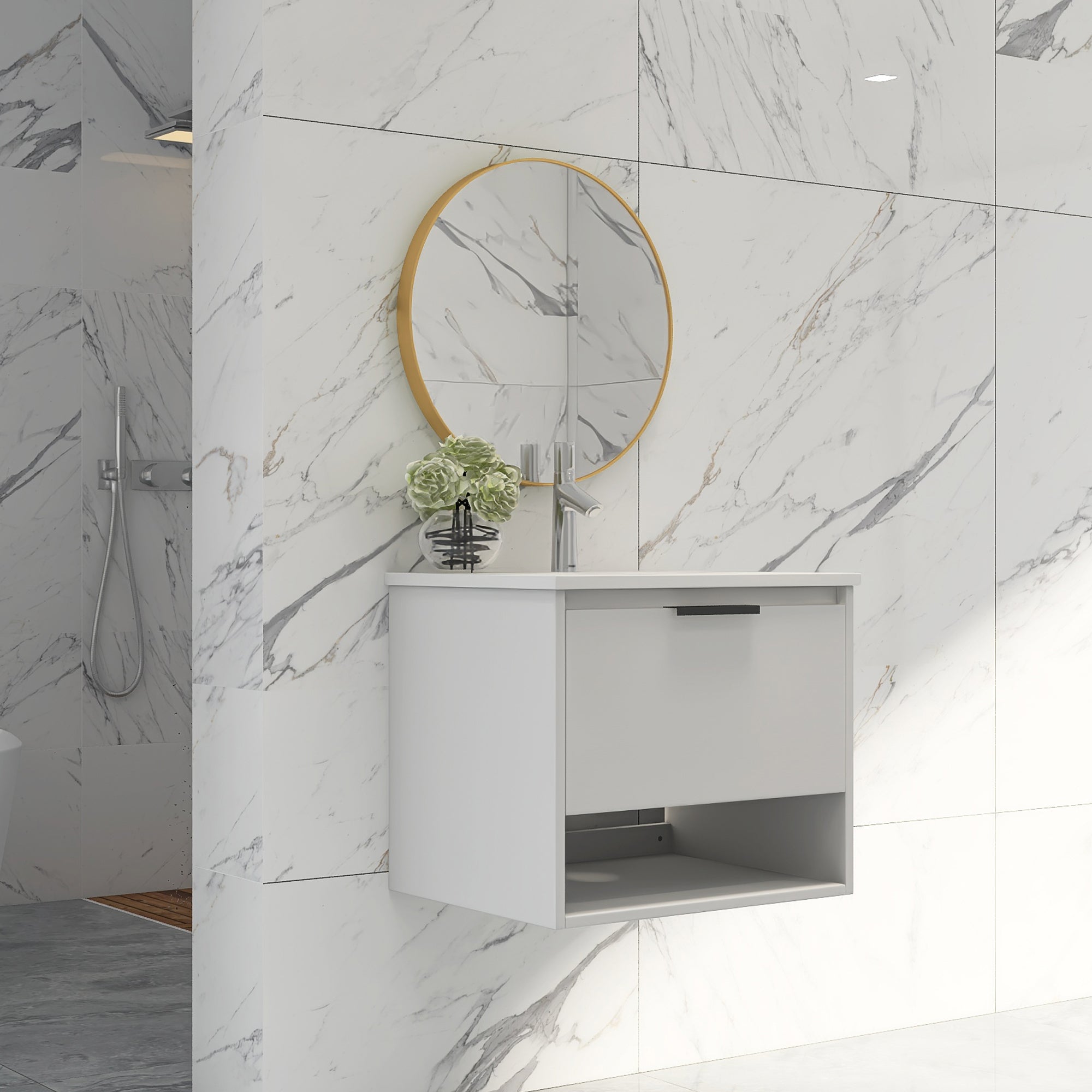 24 in. W x 18 in. D x 20 in. H Bath Vanity Set in White with Ceramic Vanity Top in White with White Basin