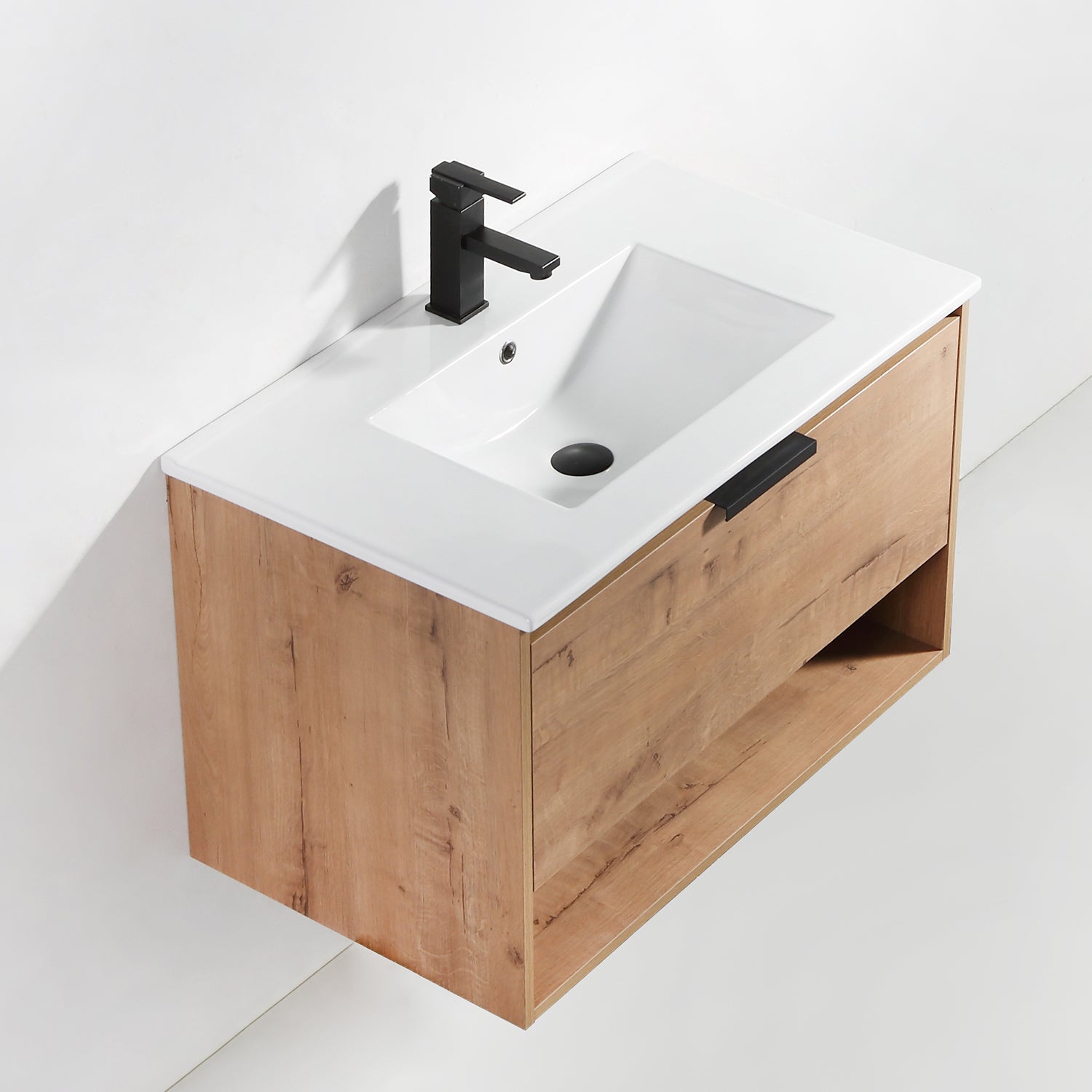 32 in. W x 18 in. D x 20 in. H Bath Vanity Set in Natural Wood with Ceramic Vanity Top in White with White Basin