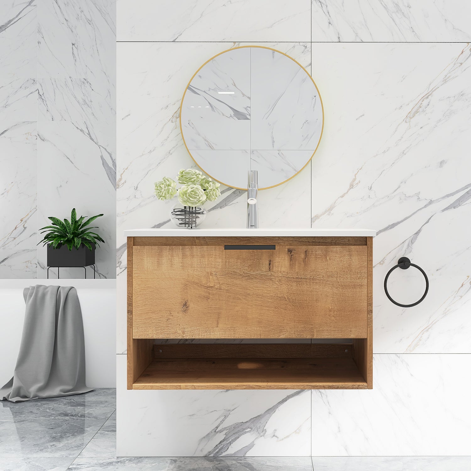 32 in. W x 18 in. D x 20 in. H Bath Vanity Set in Natural Wood with Ceramic Vanity Top in White with White Basin