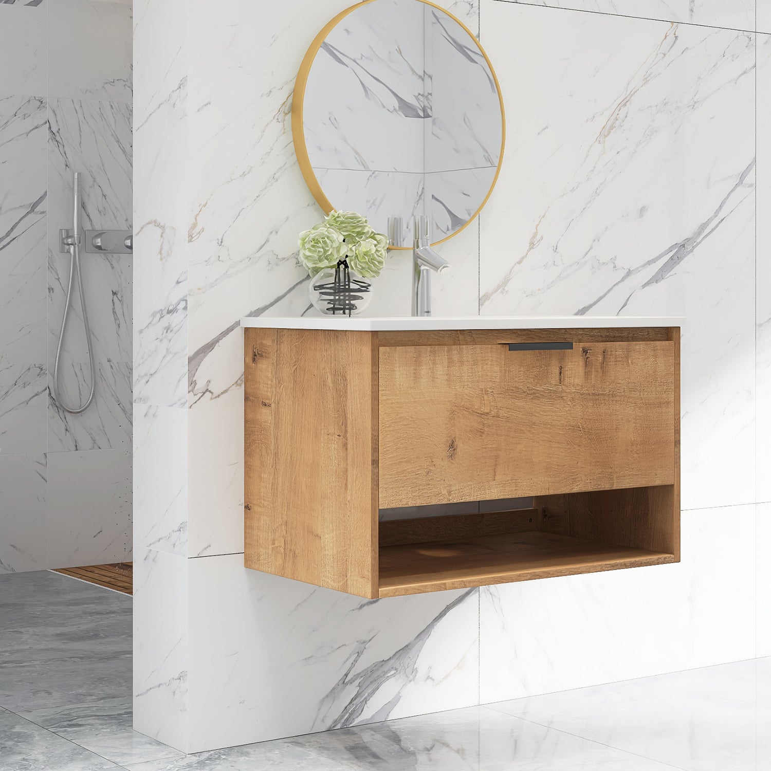 32 in. W x 18 in. D x 20 in. H Bath Vanity Set in Natural Wood with Ceramic Vanity Top in White with White Basin