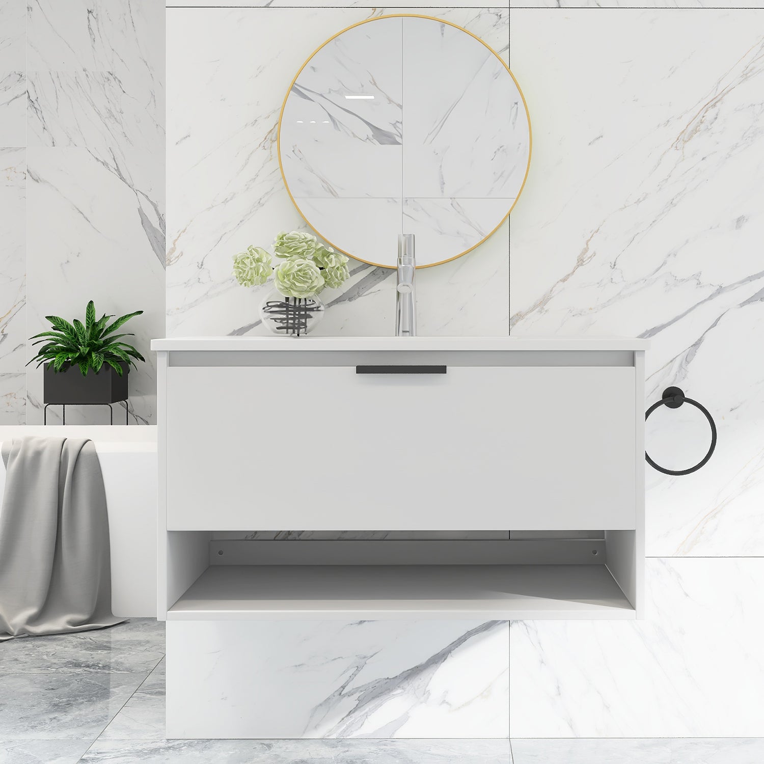 36 in. W x 18 in. D x 20 in. H Bath Vanity Set in White with Ceramic Vanity Top in White with White Basin