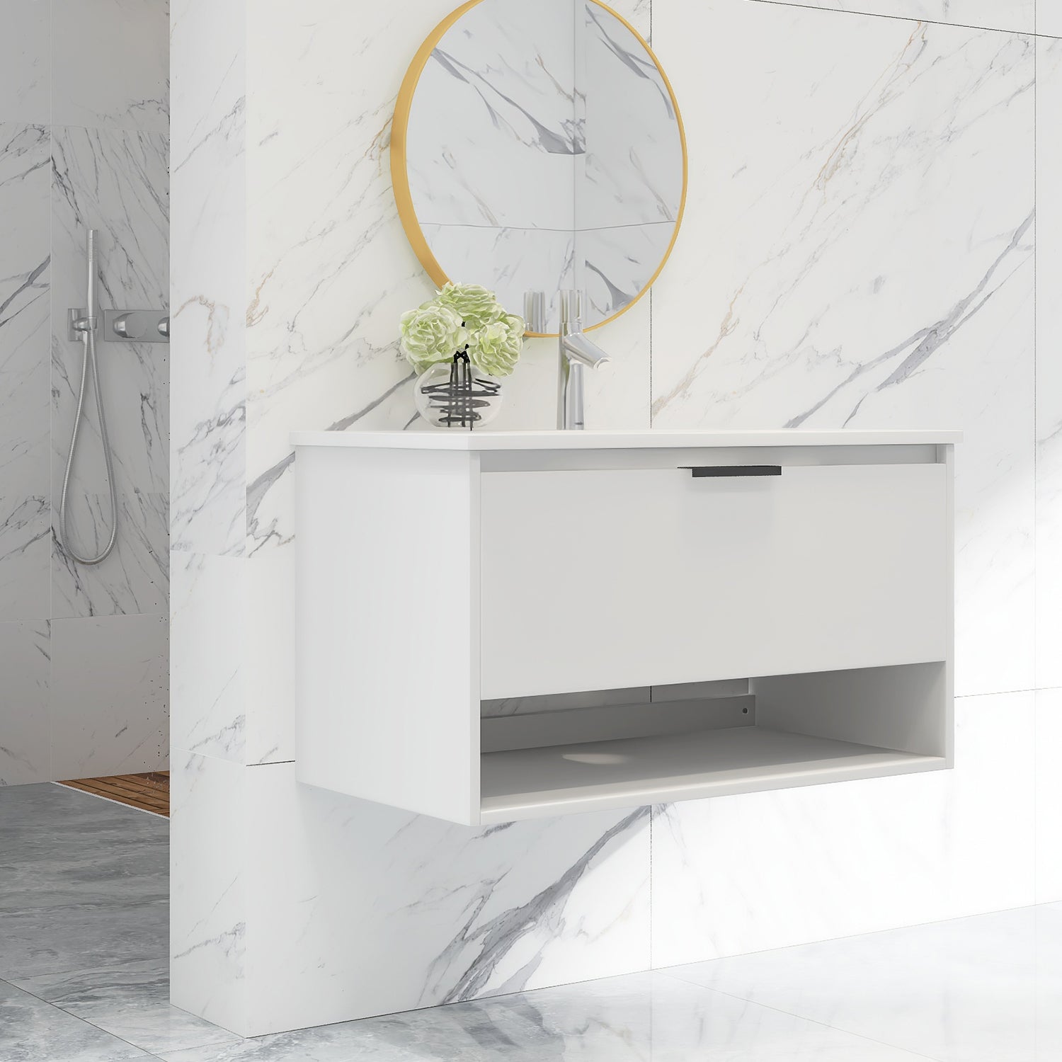 36 in. W x 18 in. D x 20 in. H Bath Vanity Set in White with Ceramic Vanity Top in White with White Basin